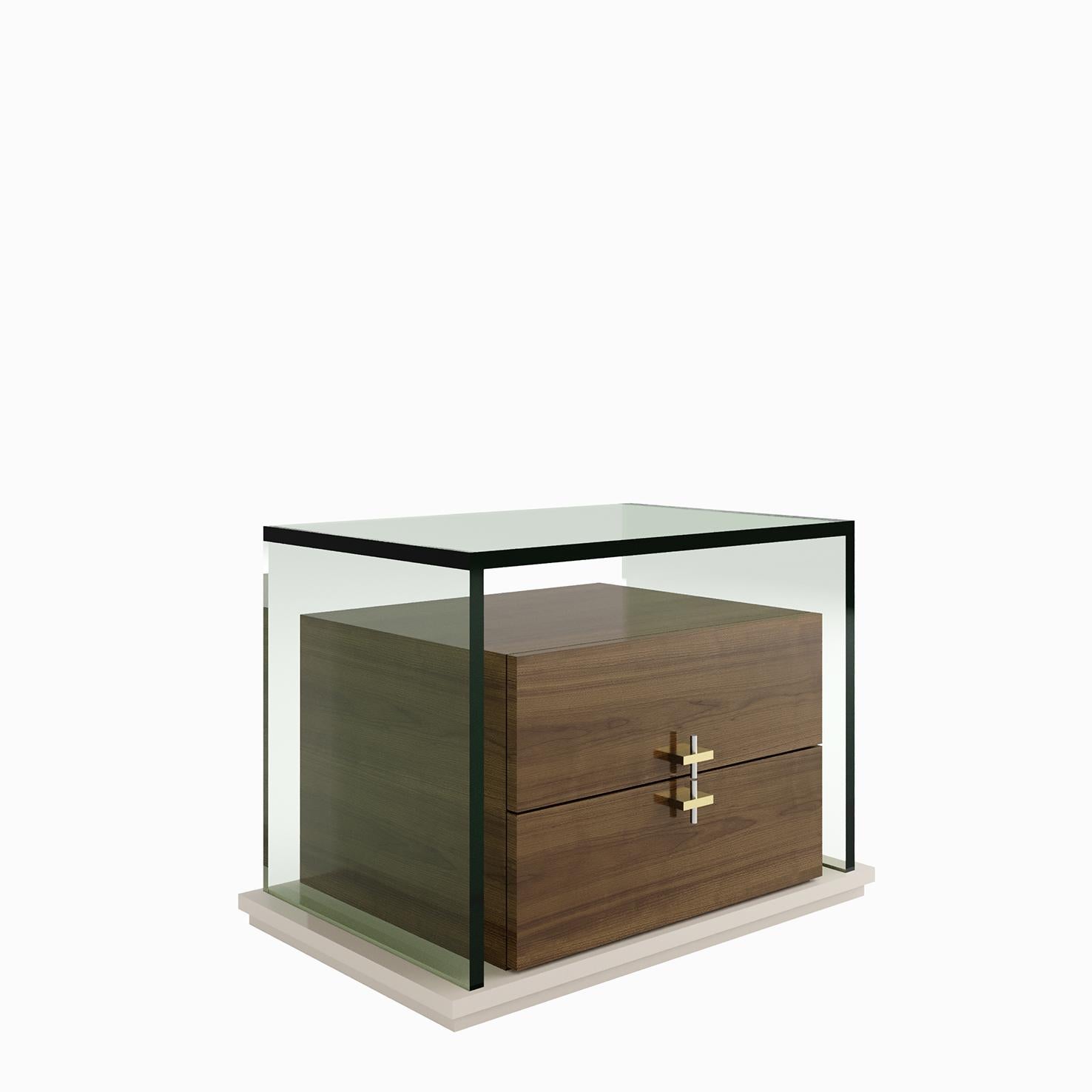 Modern QUIMERA Nightstand in Brushed Brass Structure and Handles and Natural Glass Top For Sale