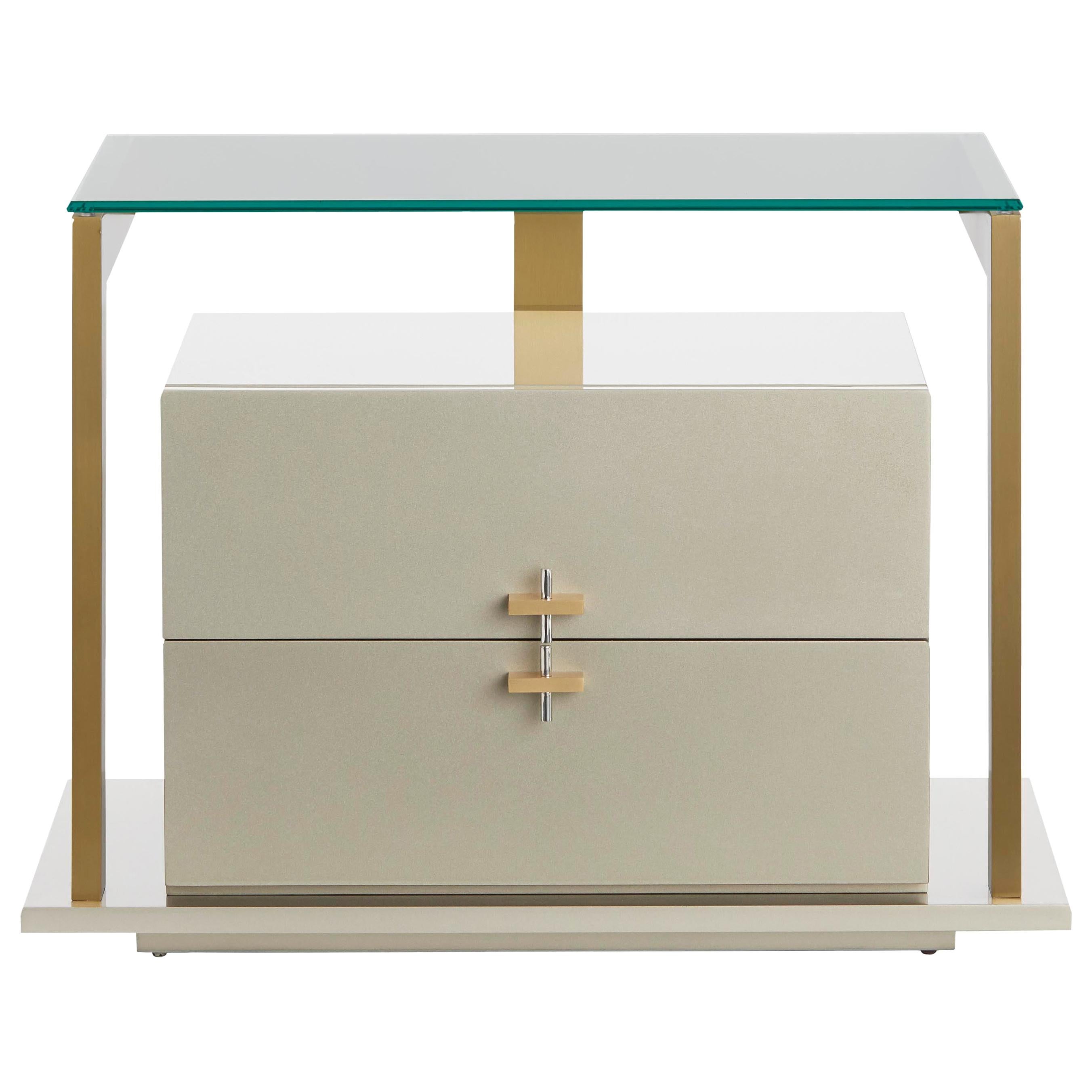 QUIMERA Nightstand in Brushed Brass Structure and Handles and Natural Glass Top