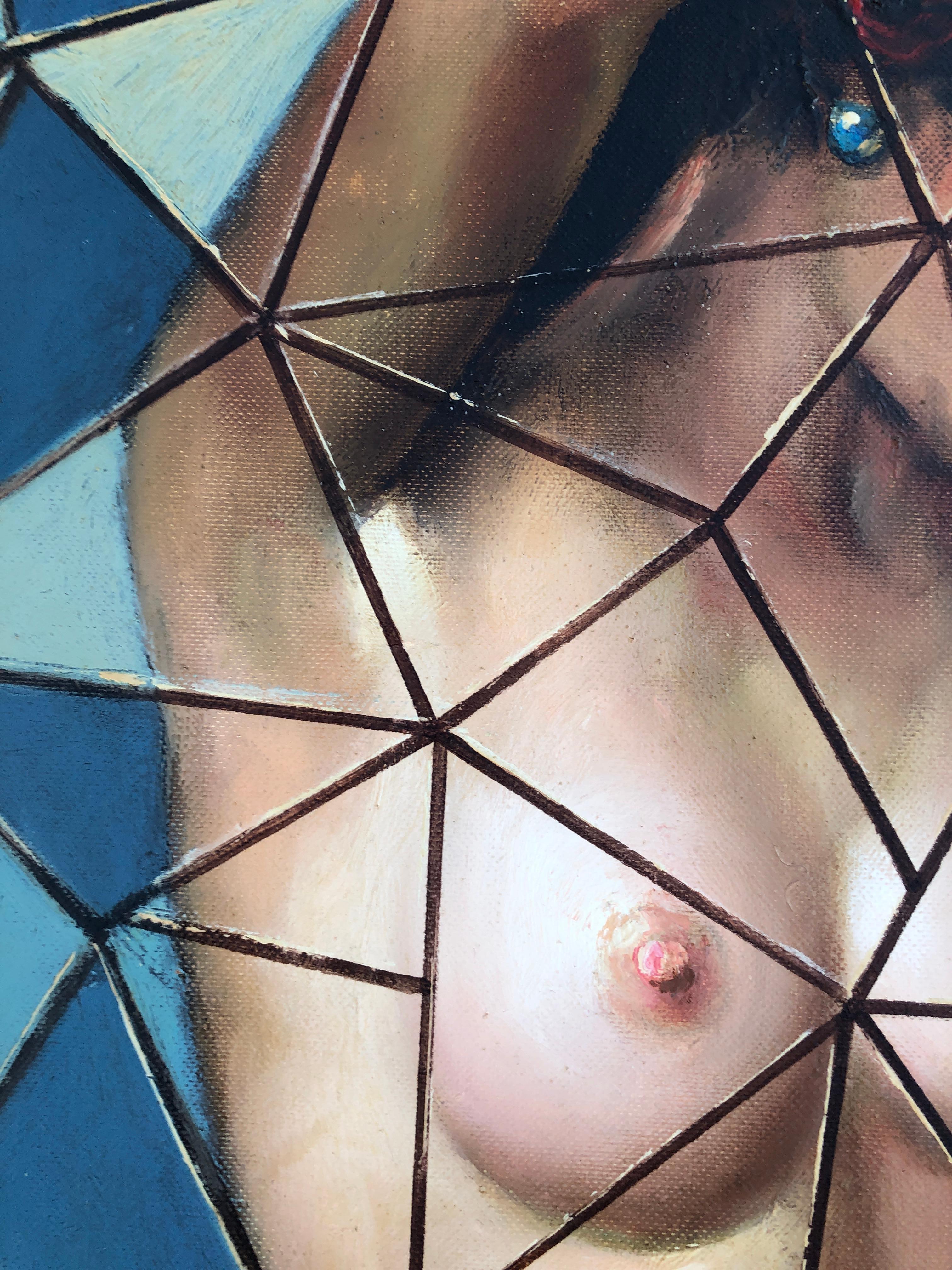 Vitrail avec une femme nue, peinture à l'huile sur toile - Bleu Nude Painting par Quimet Sabate