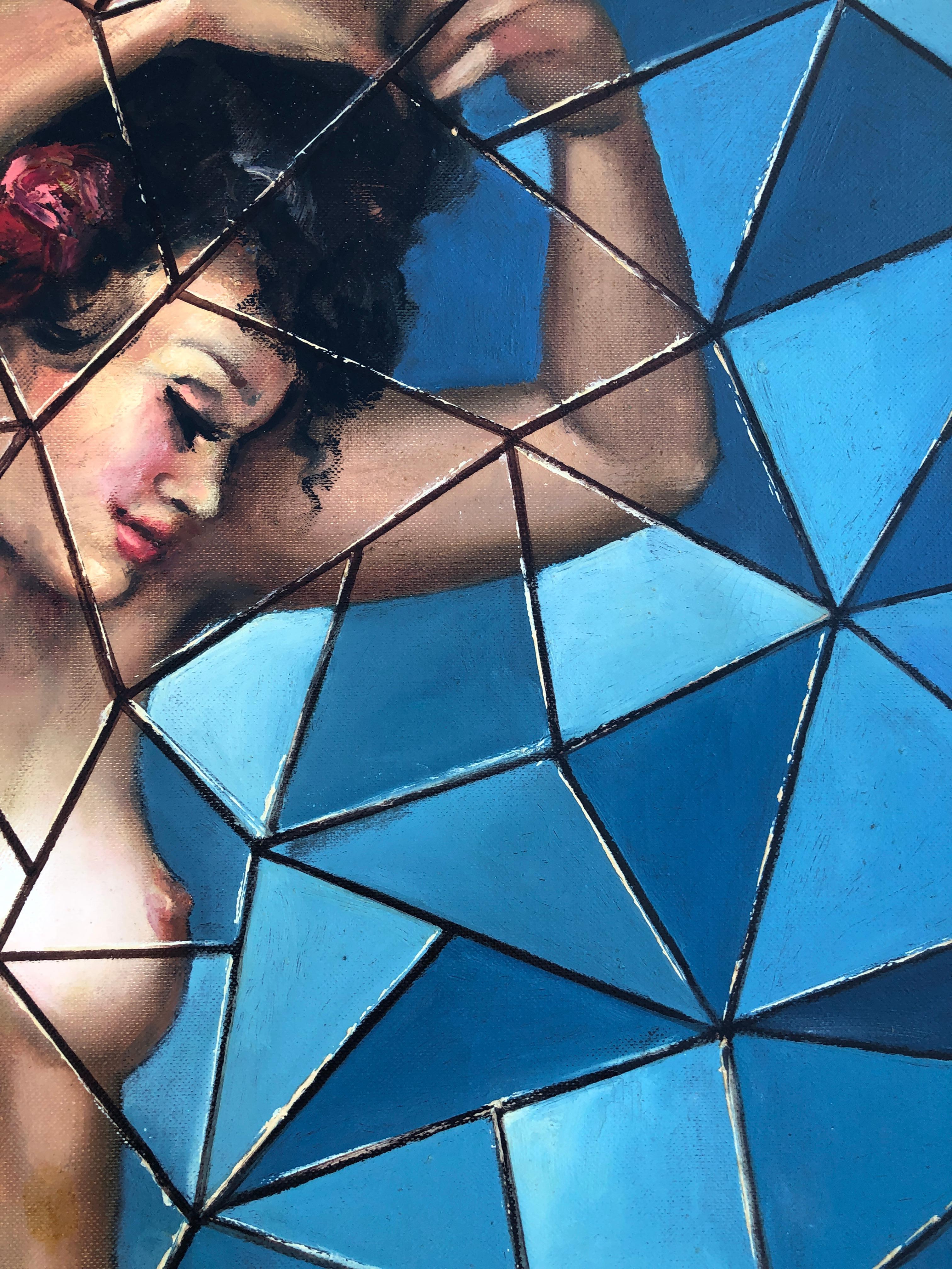 Stained glass con donna nuda, pittura ad olio su tela 1
