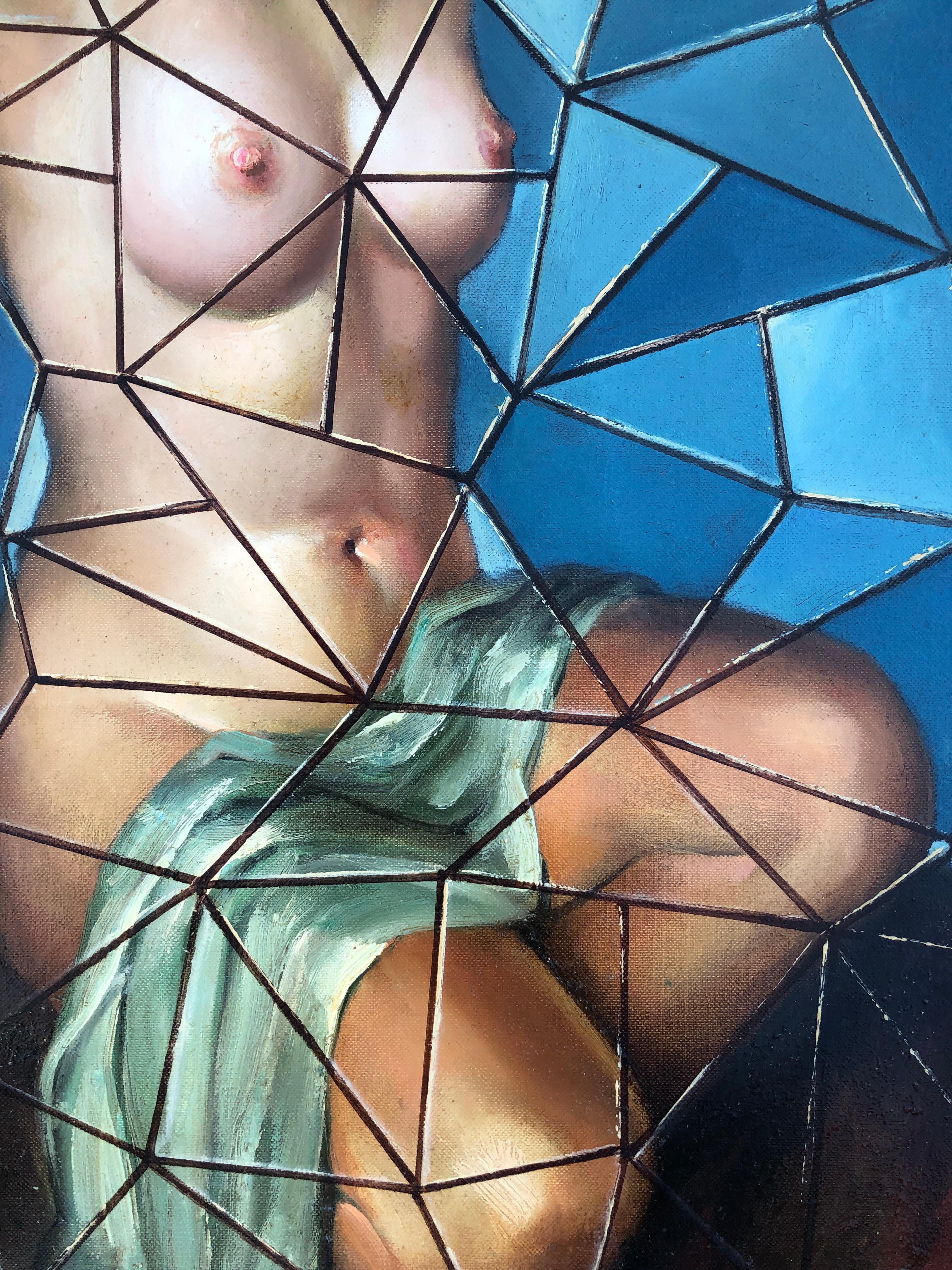 Stained glass window with naked woman oil on canvas painting - Blue Nude Painting by Quimet Sabate