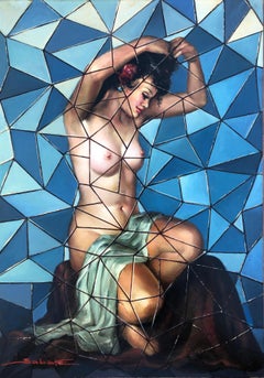 Stained glass window with naked woman oil on canvas painting