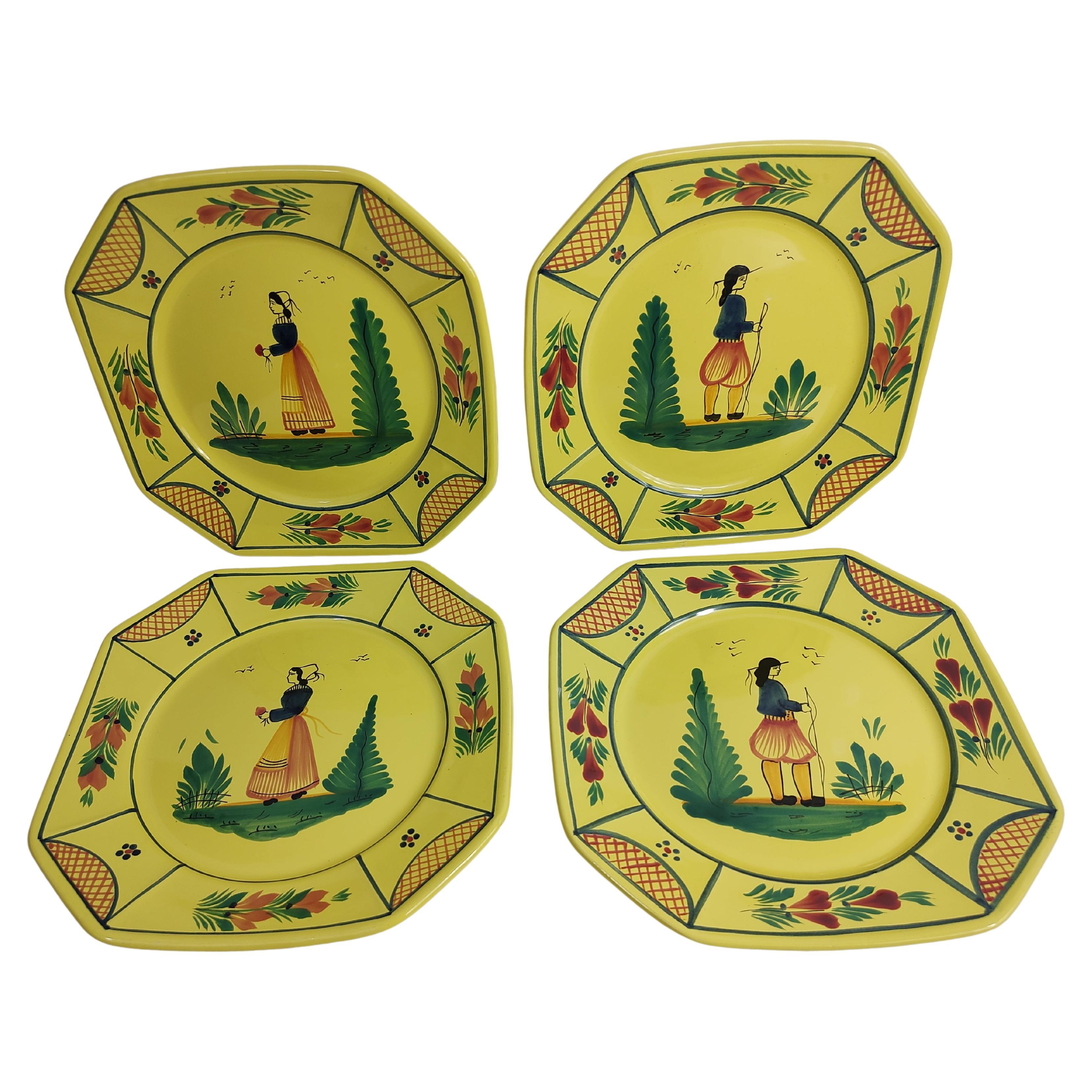 Quimper Faience Set of 4 Dinner Plates France C1980