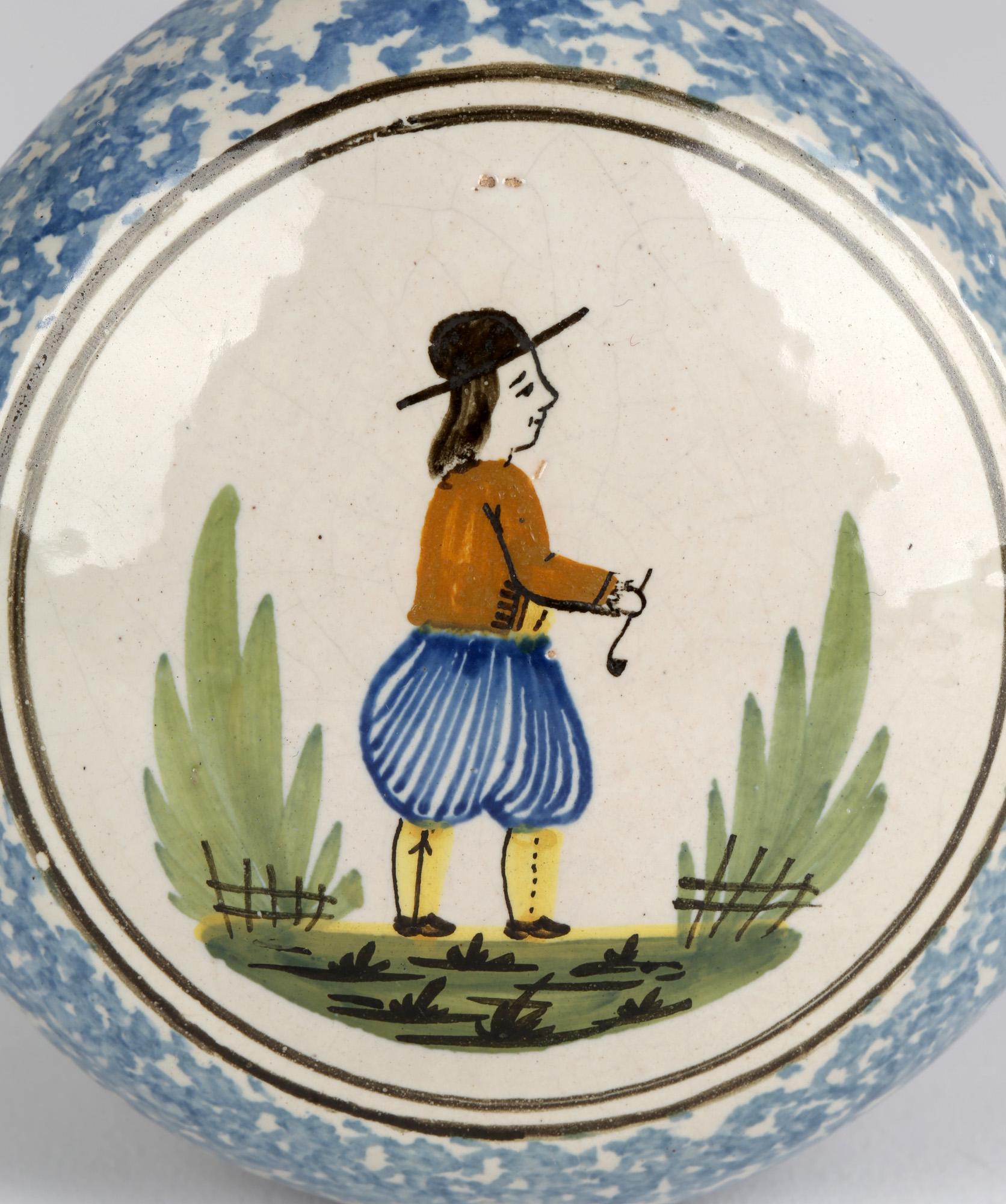 Quimper French Hand Painted Faience Pottery Flask For Sale 1