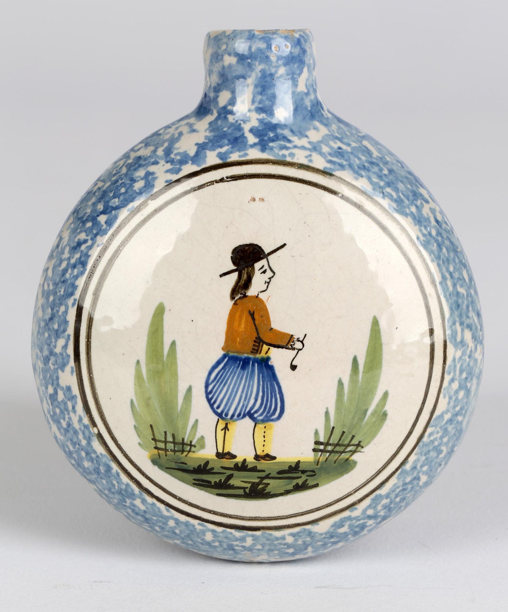 19th Century Quimper French Hand Painted Faience Pottery Flask For Sale
