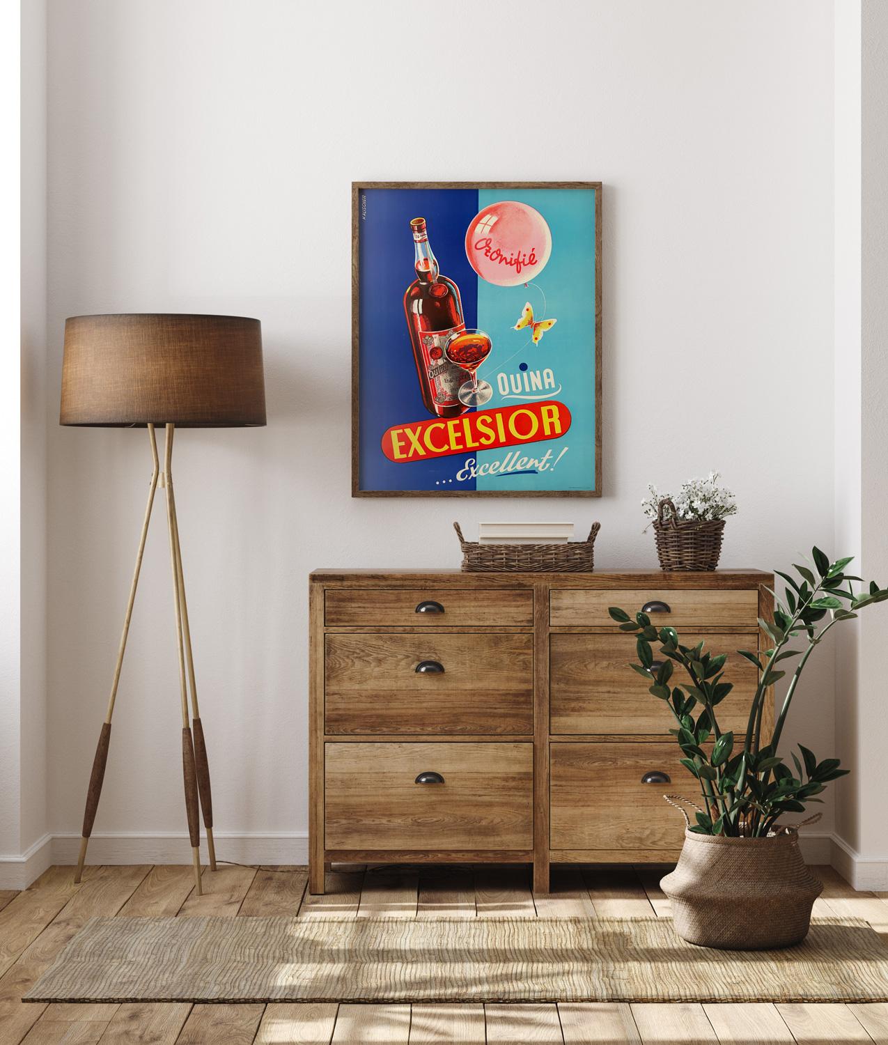 Wonderful original French vintage Quina Excelsior alcohol poster from the 1950s. Superb colours and stunning imagery.

This original vintage movie poster has been professionally linen-backed is sized 19 1/2 x 25 inches (plus a little more with the