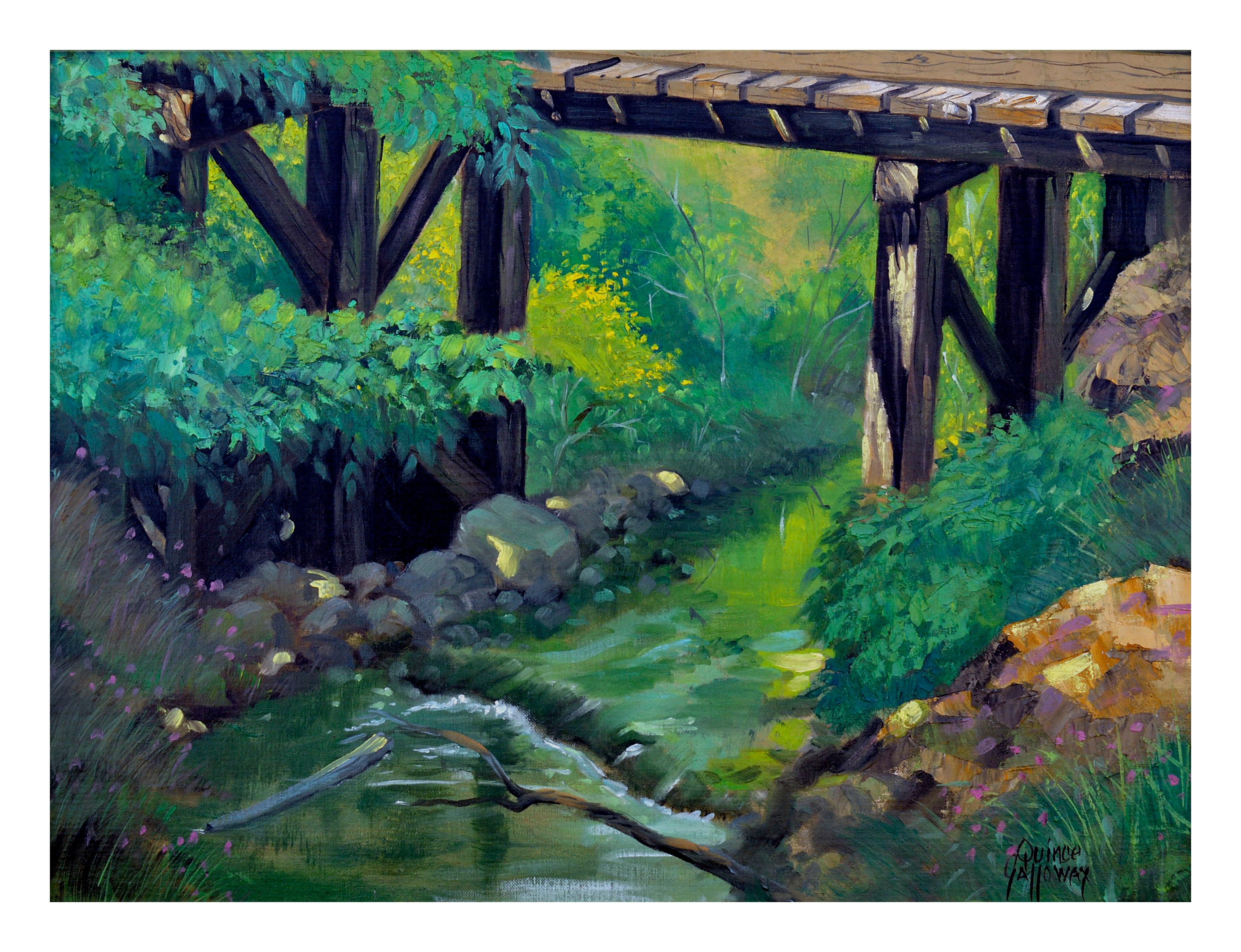 Bridge Over Mountain Stream Landscape - Painting by Quince Galloway