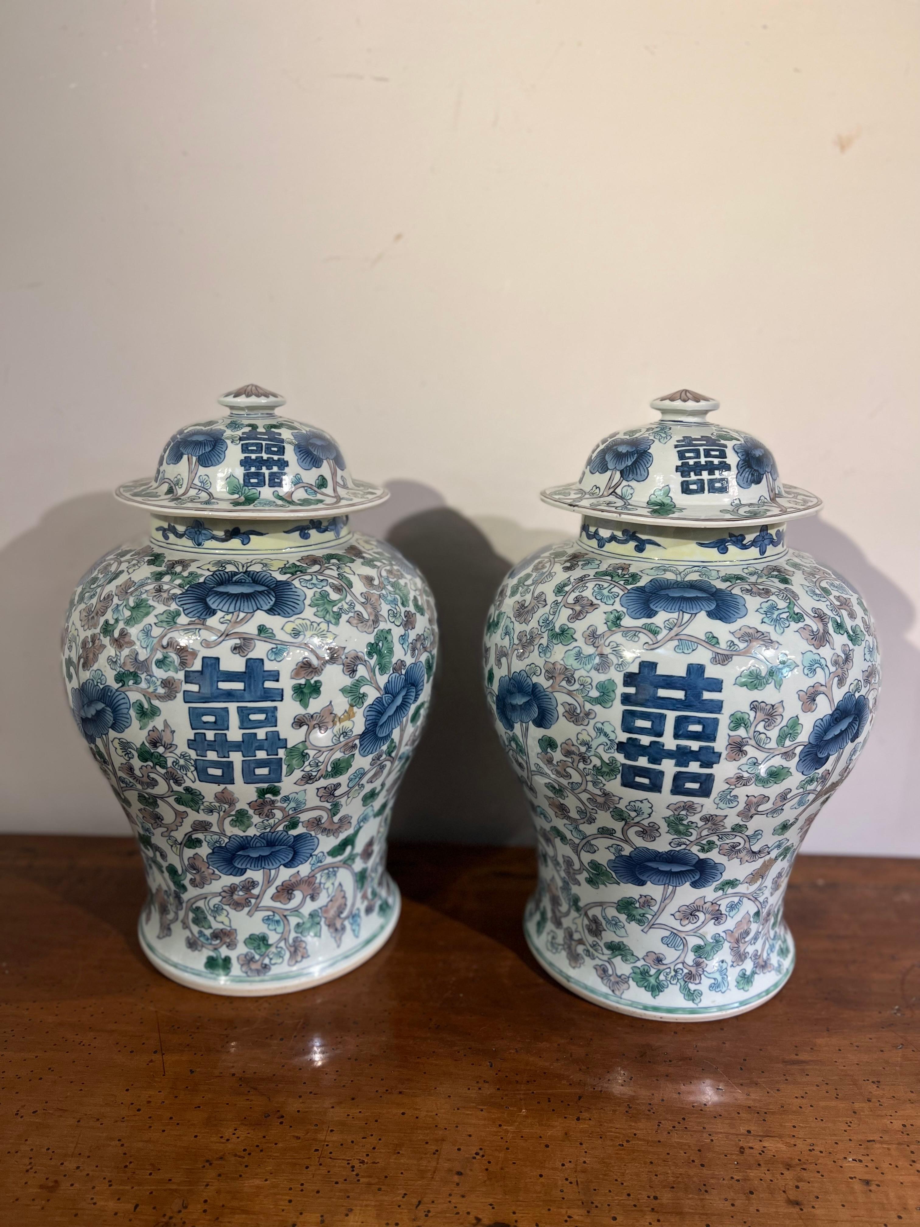 Beautiful pair of porcelain potiches painted with floral motifs in shades of light blue, blue, green and pink, Chinese manufacture from the early 1900s.

MEASUREMENTS: h 43 cm, width 29 cm.