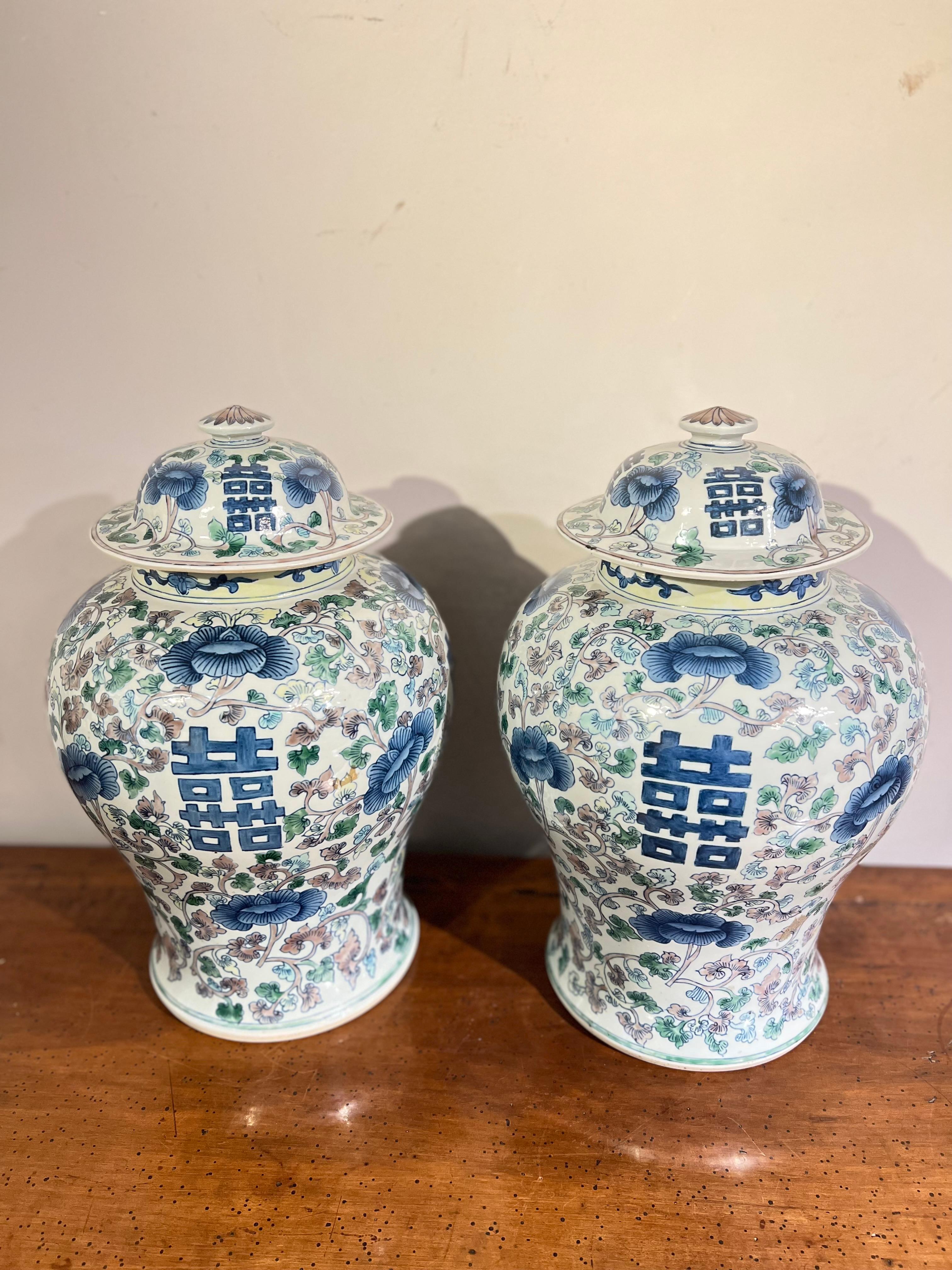 Hand-Painted Quing Period, Chinese Pair of Porcelain Potiches For Sale