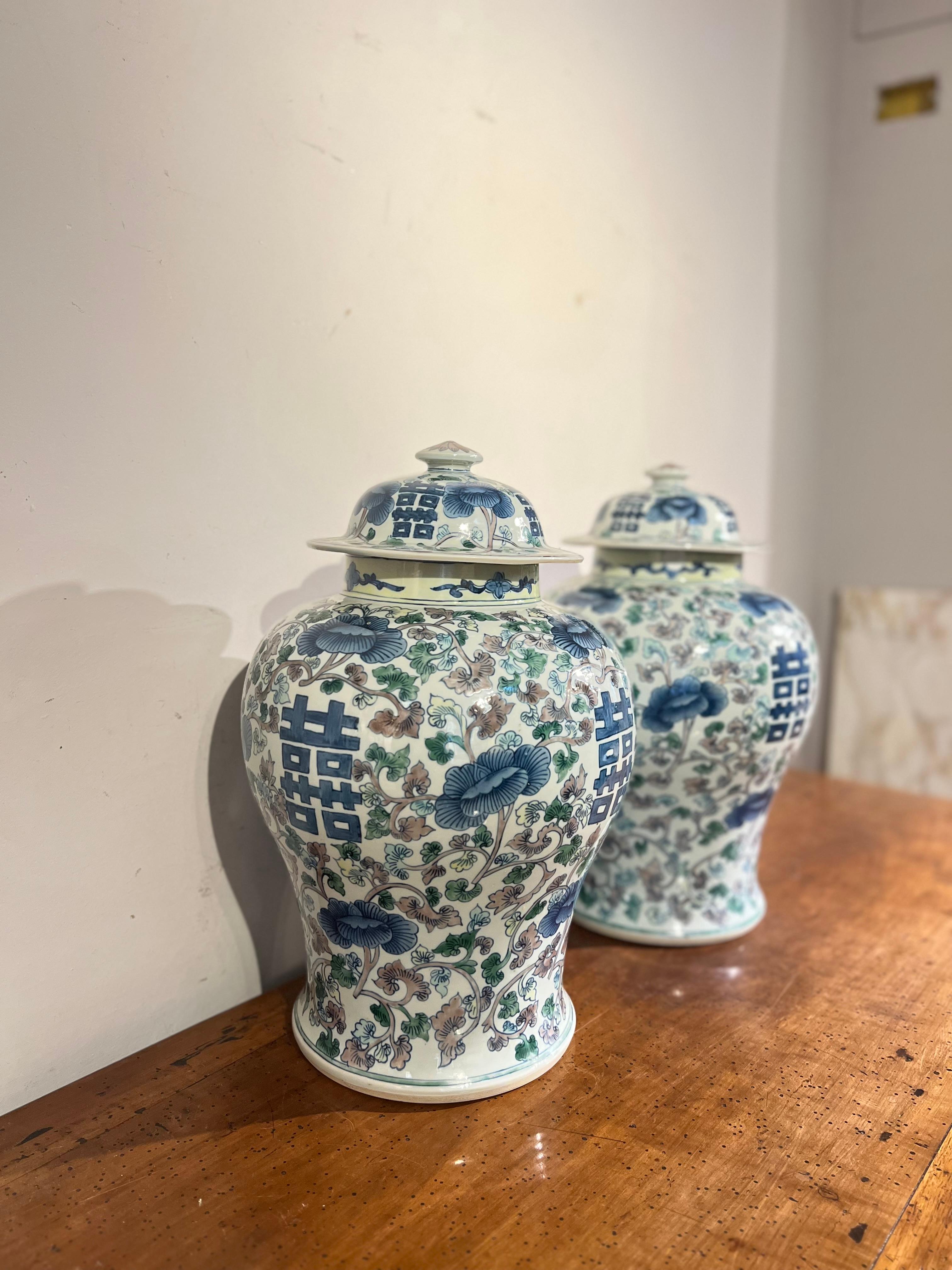 Paar chinesische Potiches aus Porzellan aus der Quing-Periode (Handbemalt) im Angebot