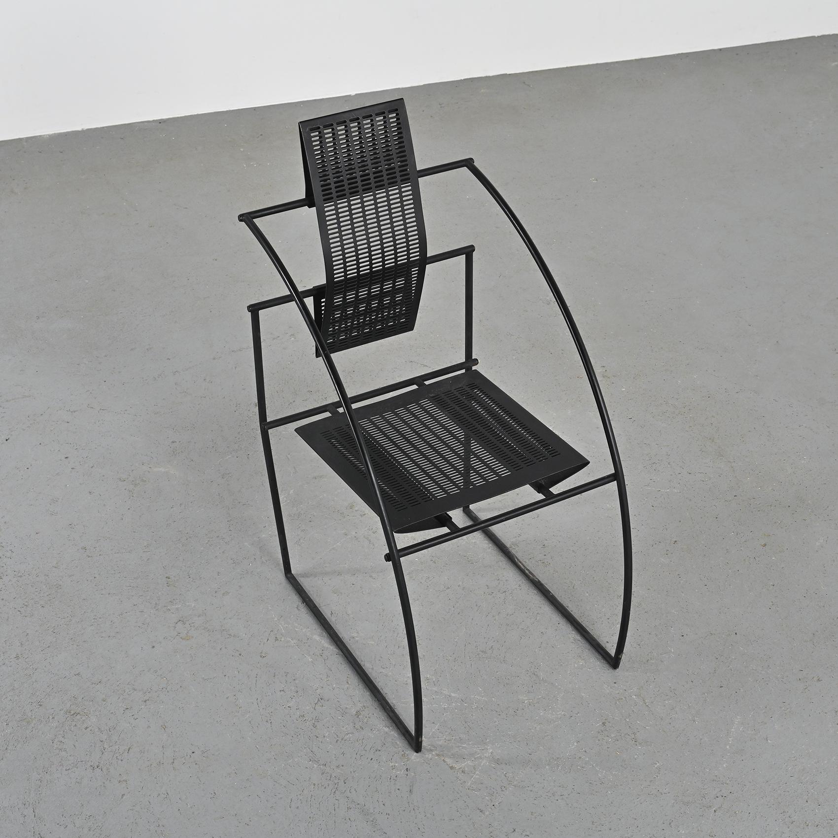 Price per SKU

Chair model 605 also known as Quinta by the Italian designer Mario Botta, 

Black lacquered steel structure, seat and back in black perforated sheet steel. 

We have numerous SKUs in stock, condition may slightly vary but we can