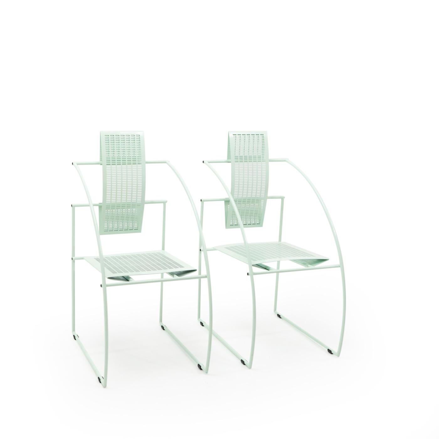 The Quinta Chair is an iconic piece of design, with use of perforated sheet metal and tubing,which are typical for Botta’s furniture and lamps. The lines of these chairs are sharp, rational and symmetric, and seen as his answer to the Memphis