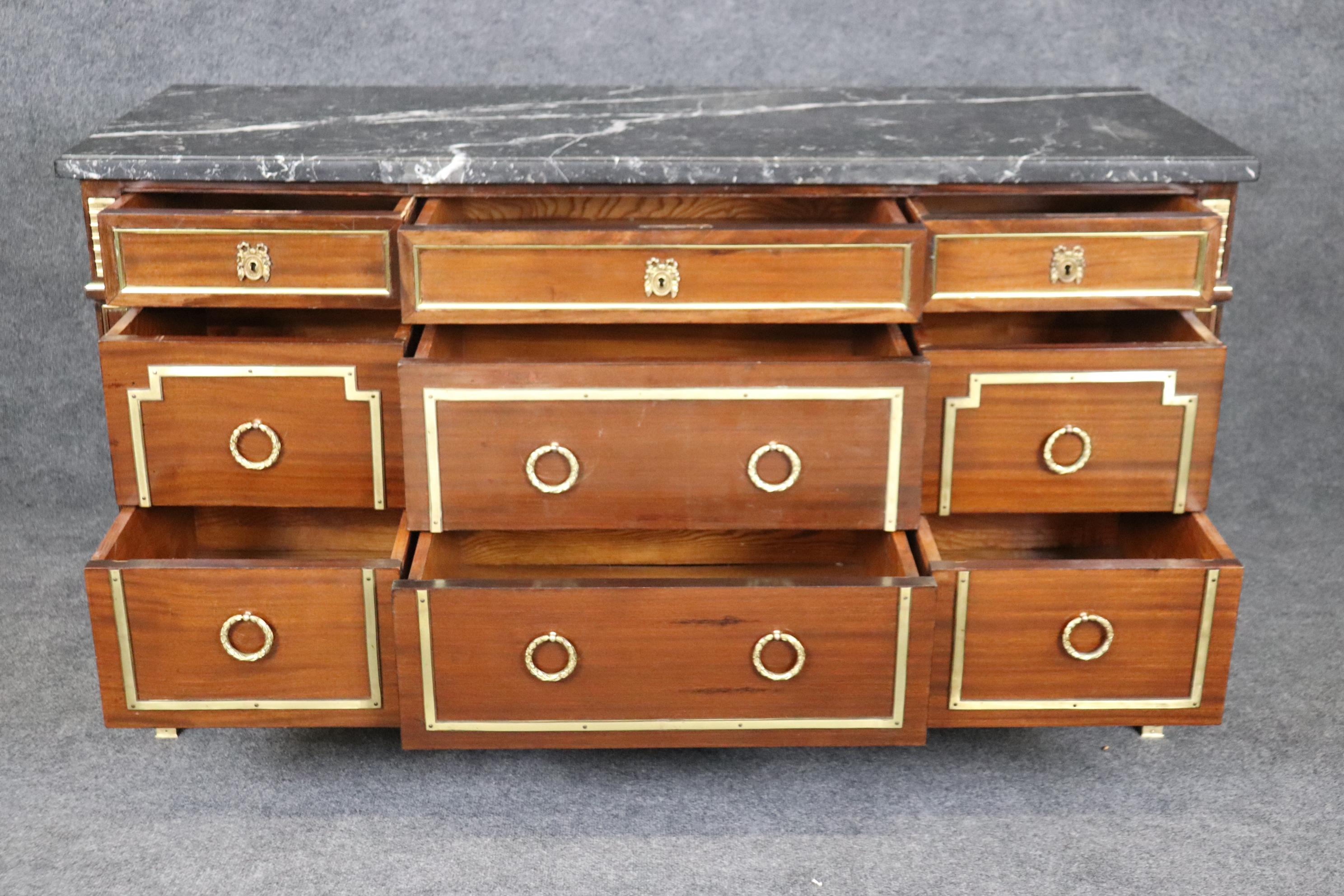 French Quintessential Signed Maison Jansen Bronze Mounted Marble Top Commode Dresser  For Sale