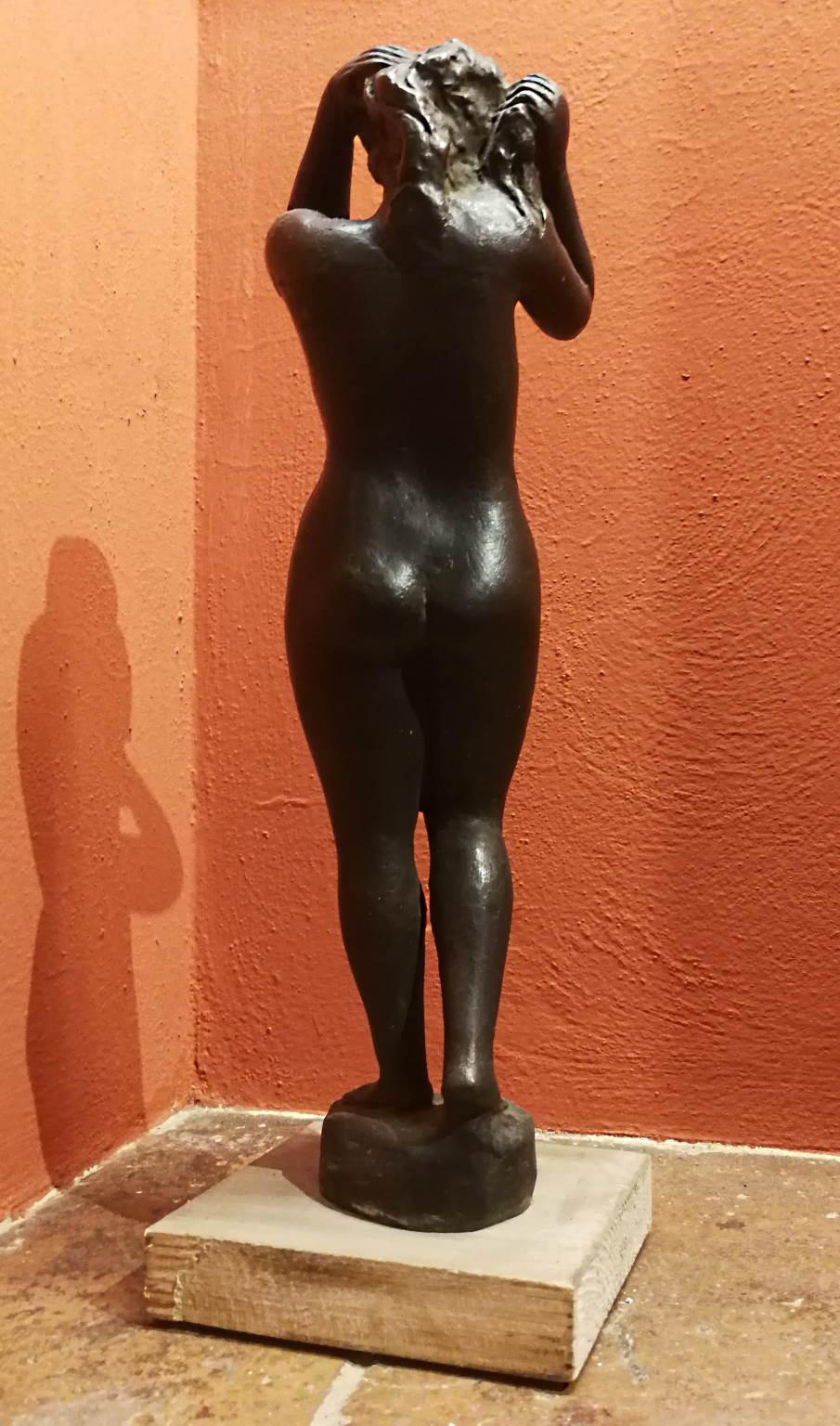 Cette statuette en bronze représente une jeune femme nue à pied qui a des cheveux dans les mains. Même si elle n'est pas définitive, la provenance et le style sont l'apanage de Quinto Martini, en particulier de sa production du premier semestre du