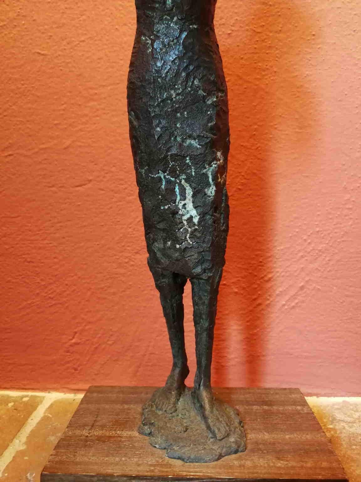 The small bronze statue portrays a lady standing, with the arms lifted up to help her looking far away. It's an single cast.
It can be dated to the half of the 20th century due to comparison with other similar works of the artist of the same