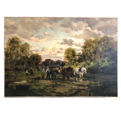 Antique Clément Quinton (1851-1920), grande huile sur toile “Forestiers”