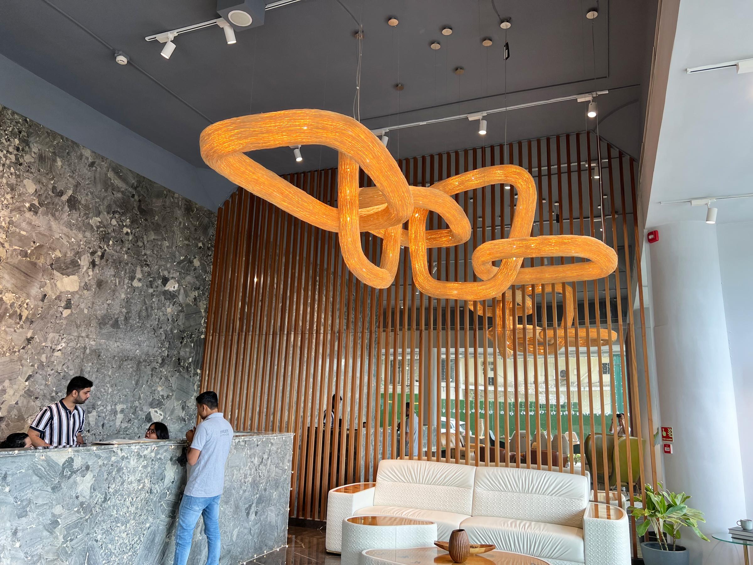 Thai Quintuple Orbit by Ango, Hand-Woven Rattan Interlocking Organic Light Ring Forms For Sale