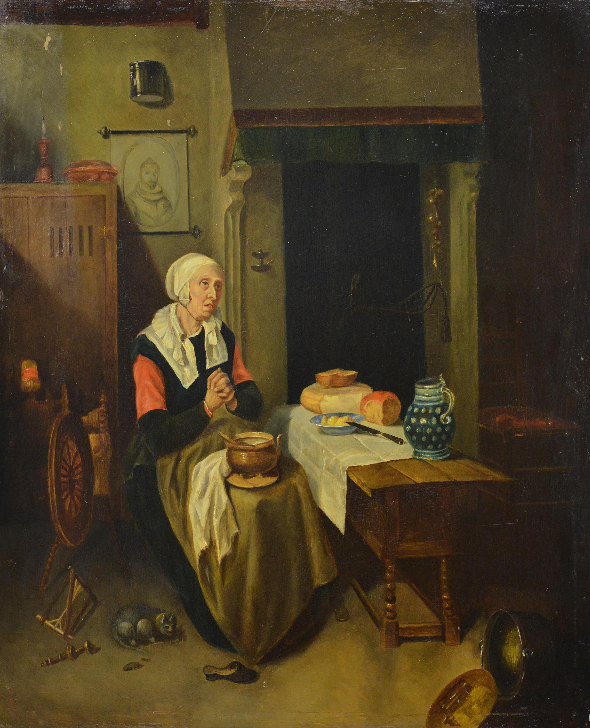 Interior Painting de Quiringh van Brekelenkam  - Siglo XIX Según van Brekelenkam Escena de género holandesa Dando las gracias Panel al óleo