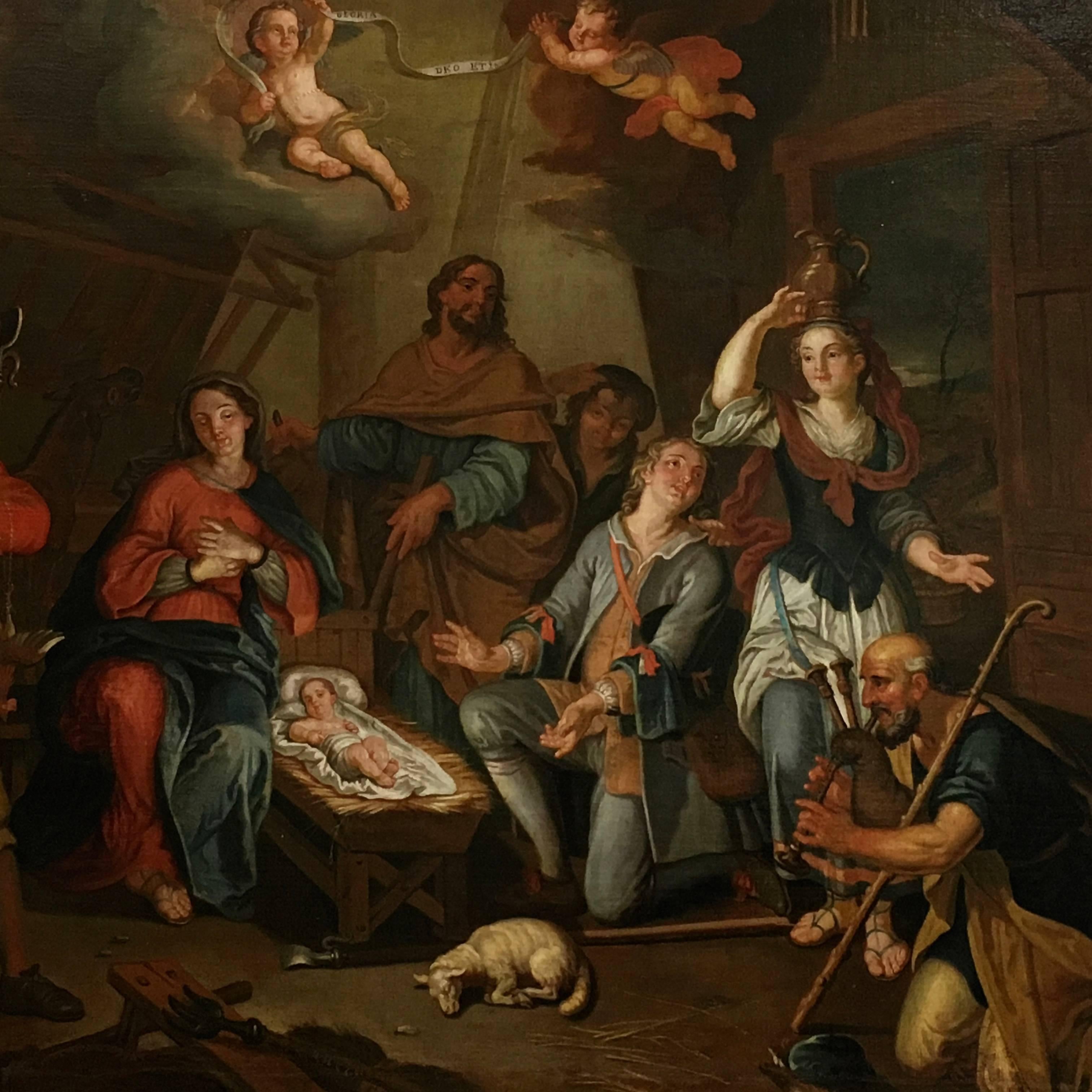 Original antique Dutch Painting, Oil on canvas. Quirinus van Amelsfoort painted the birth of Jesus Christ. 
Typical for Quirinus van Amelsfoort was his signatuur. On paintings he painted himself he engraved his signature into the paint. As seen on