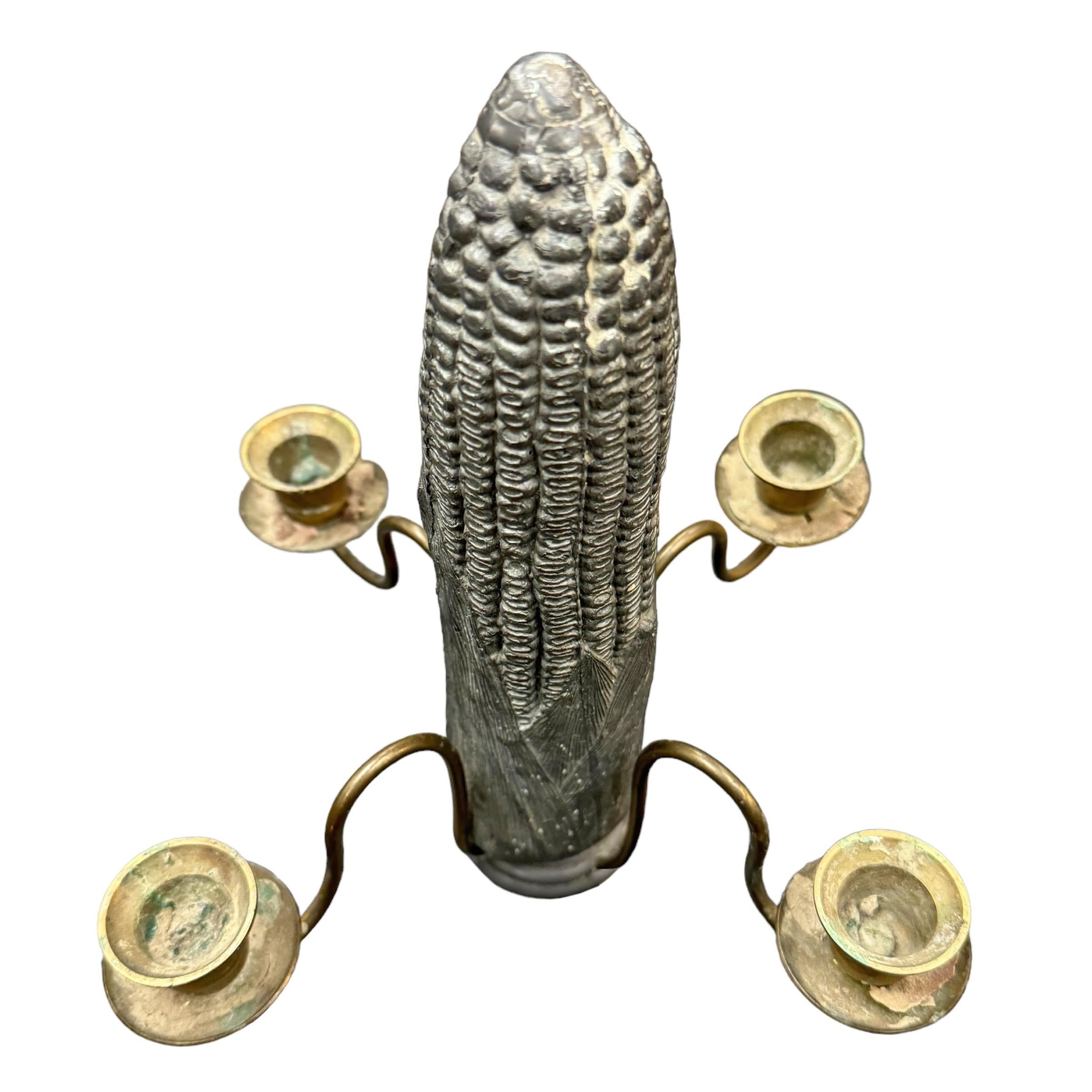 Brass Quirky 20th Century American Pewter Corncob Candelabra For Sale