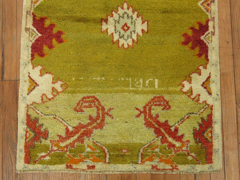 Quirky 20th Century Green Color Turkish Anatolian Wool Rug For Sale at