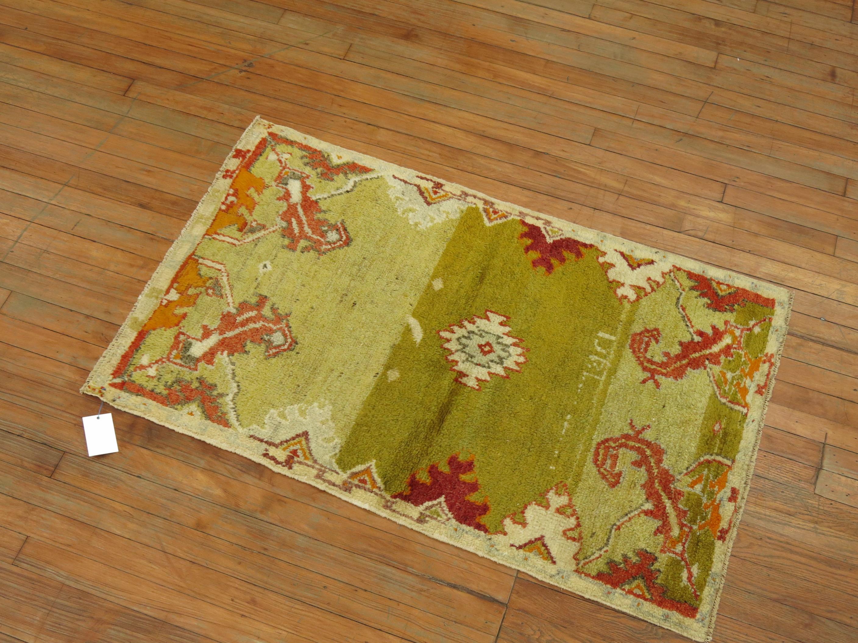 Quirky 20th Century Green Color Turkish Anatolian Wool Rug In Good Condition In New York, NY