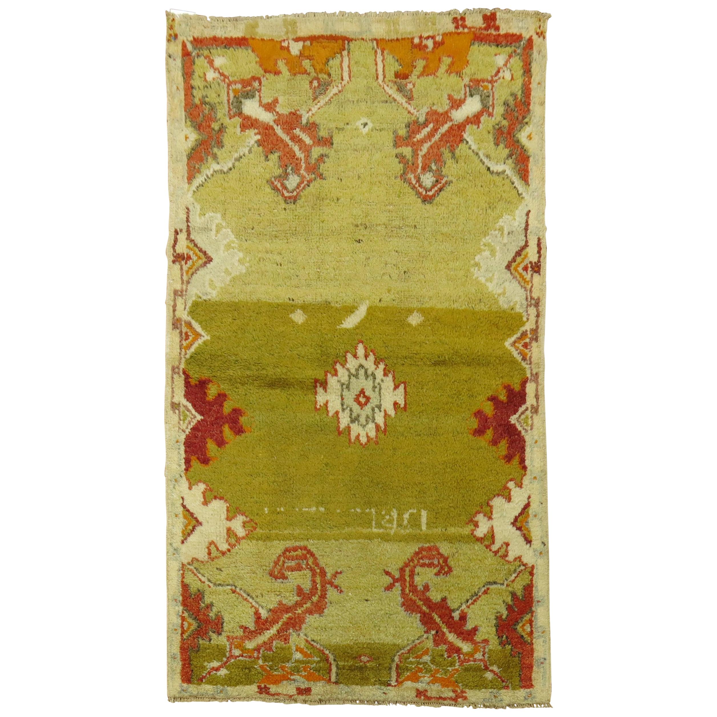 Quirky 20th Century Green Color Turkish Anatolian Wool Rug