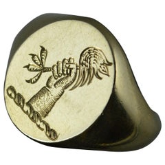 Quirky 9 Carat Gold Signet Intaglio Ring with Chicken Leg