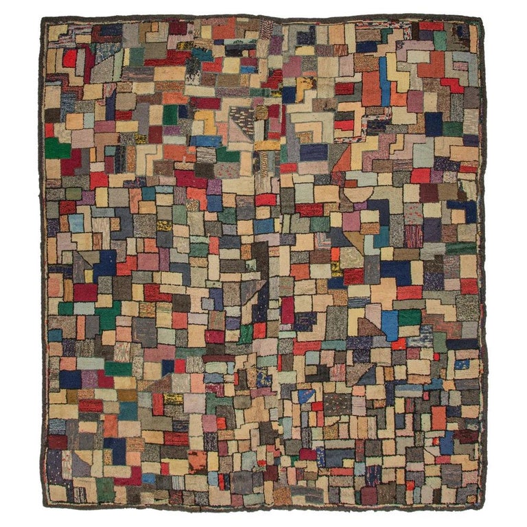 Quirky American Hooked Room Size Square Rug For Sale at 1stDibs