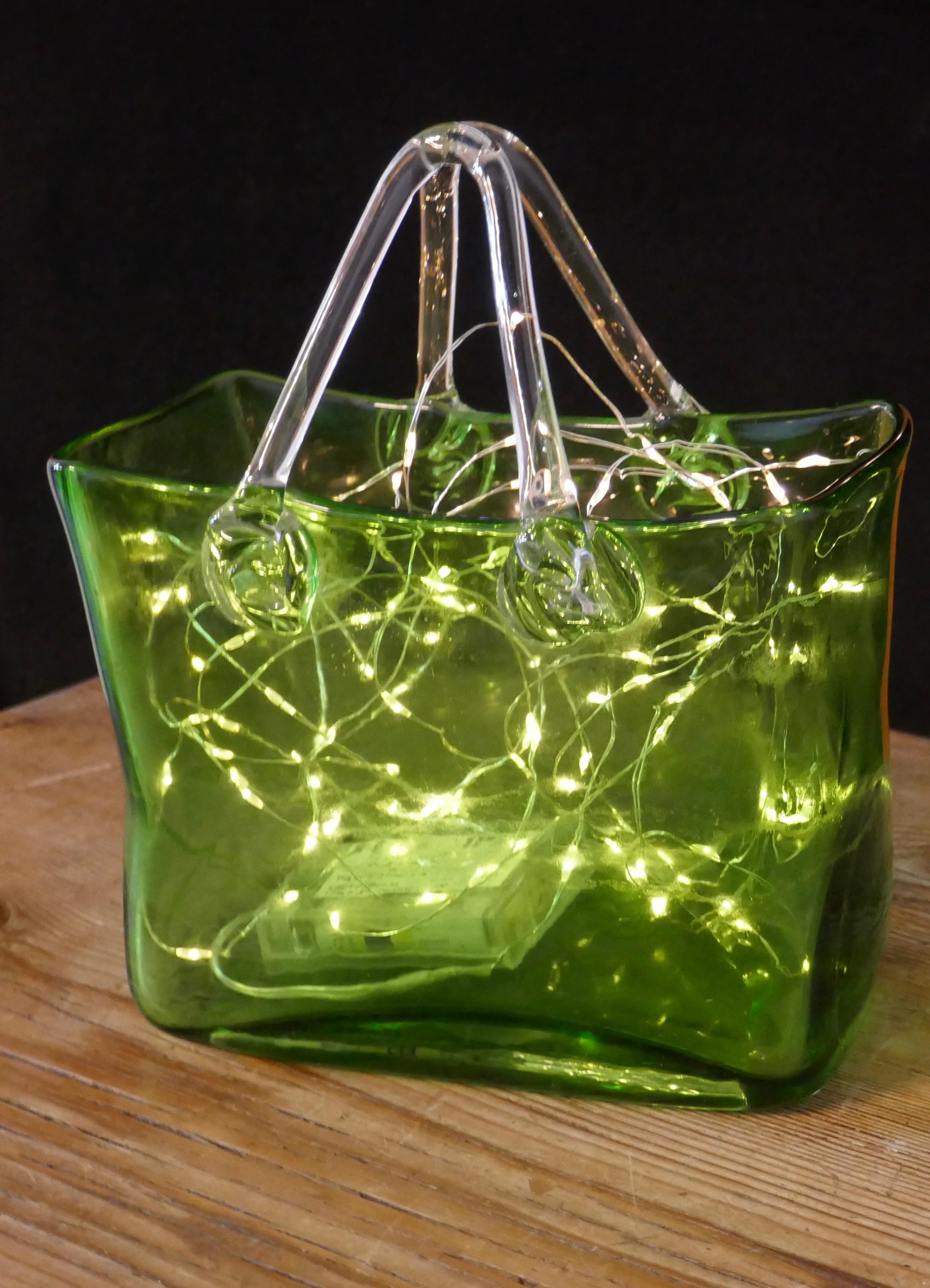 Quirky Art Deco Hand Blown Green Glass Handbag Vase In Good Condition In Chillerton, Isle of Wight