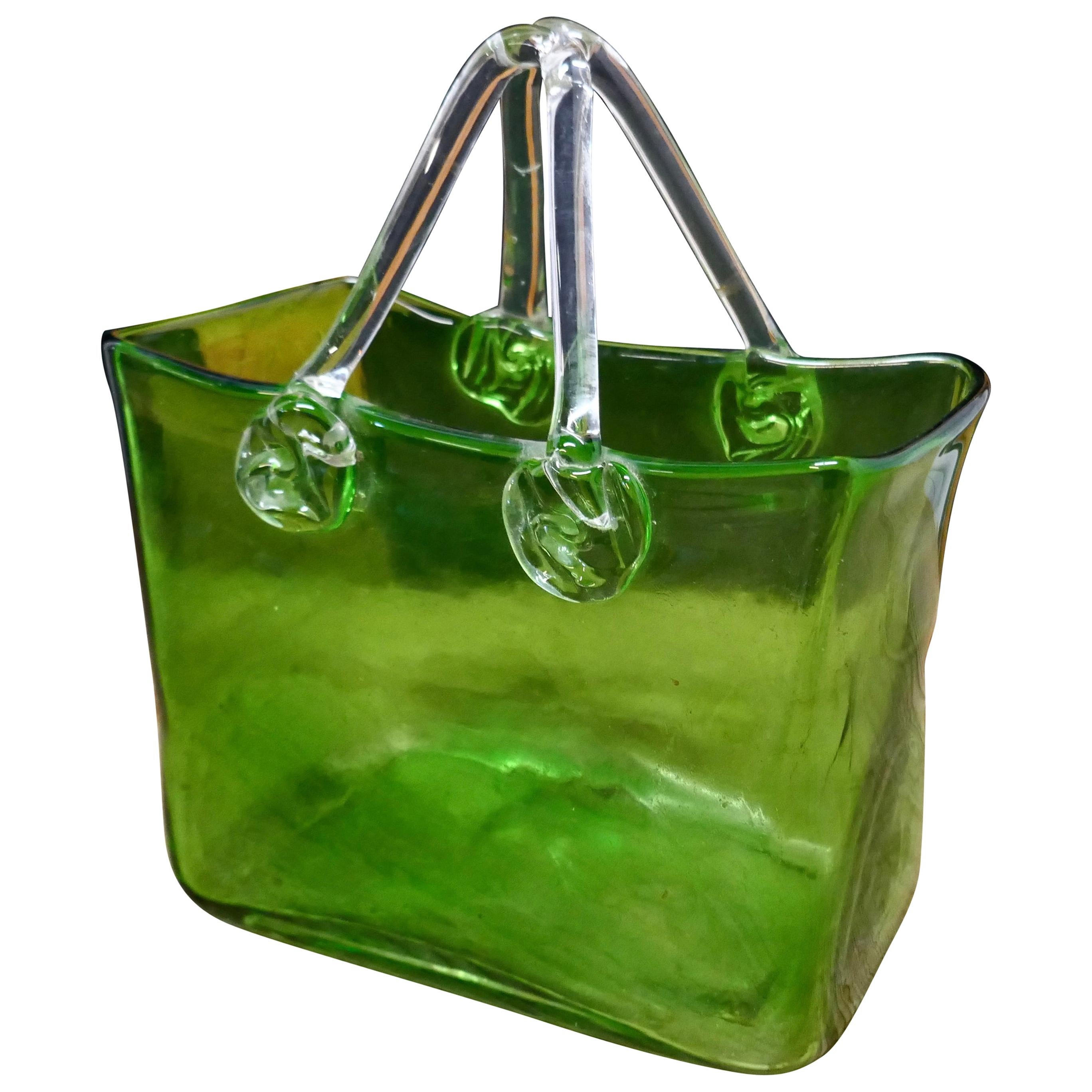 Quirky Art Deco Hand Blown Green Glass Handbag Vase