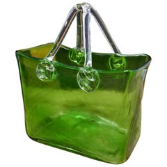 Antique Quirky Art Deco Hand Blown Green Glass Handbag Vase