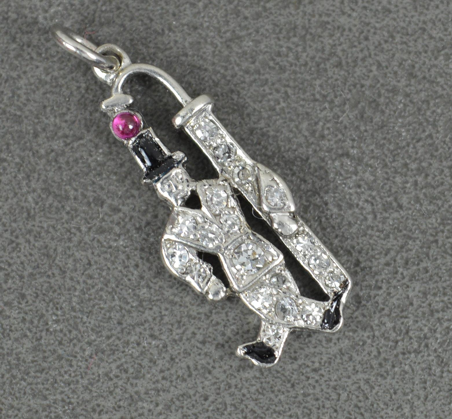 Round Cut Quirky Art Deco Platinum Ruby Cabochon Diamond and Black Enamel Charm Pendant