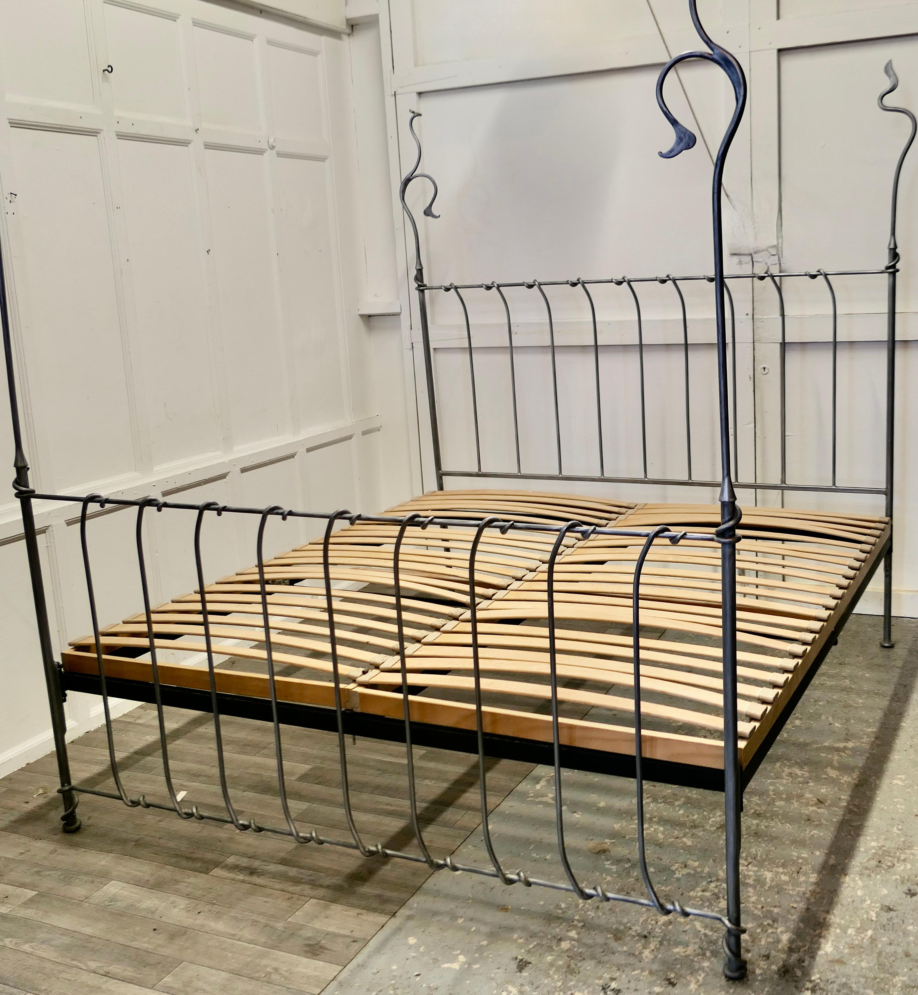 Mid-Century Modern Quirky Designer Hand Forged Twisted Silver Iron 4 Post Bed a Fantasy Bed