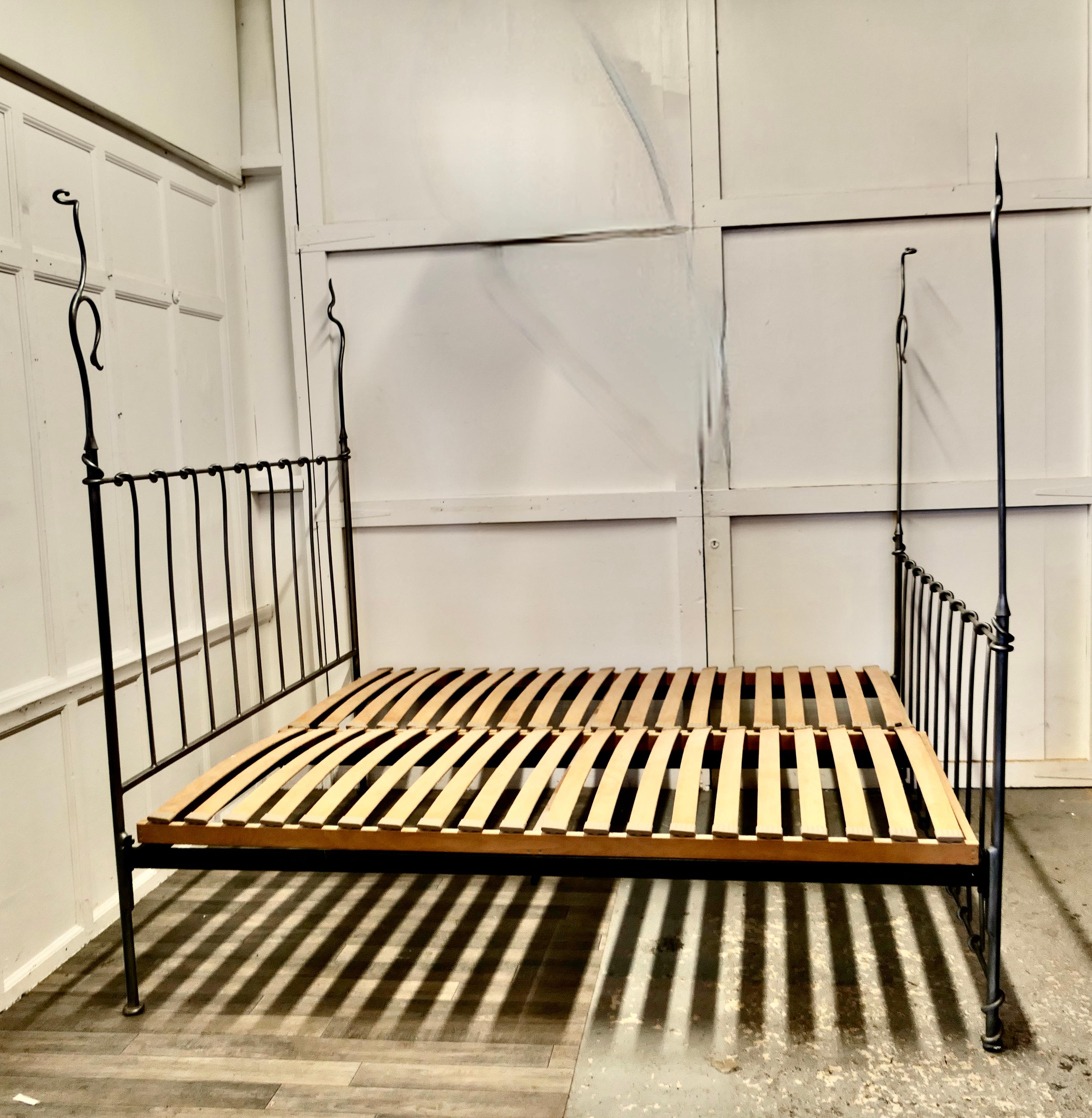 Late 20th Century Quirky Designer Hand Forged Twisted Silver Iron 4 Post Bed a Fantasy Bed