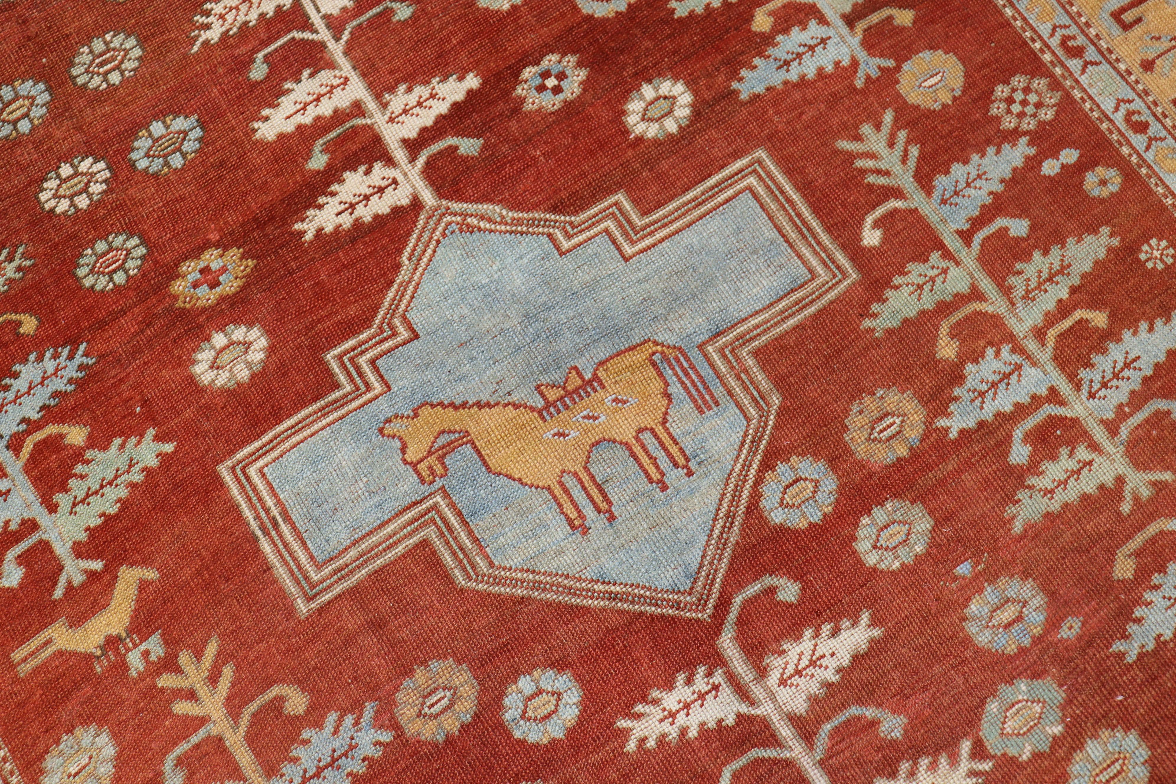 Kazak Quirky Folk Art Tribal Camel Medallion Caucasian Rug For Sale