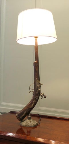 Quirky Folk Art Table Lamp, Brass with Flint Lock Gun, 1960, 26" Tall