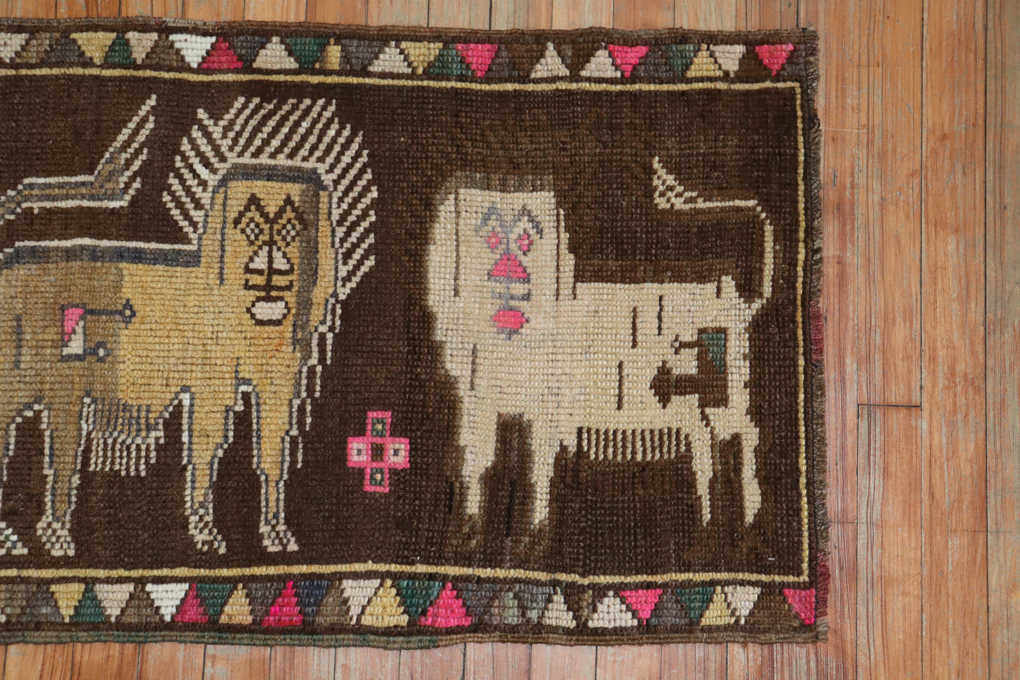 Folk Art Quirky Lion Pictorial Turkish 20th Century Wool Rug