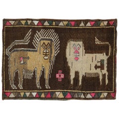 Quirky Lion Pictorial Turkish 20th Century Wool Rug