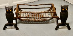 Quirky Model Owl Iron Andirons with Grate