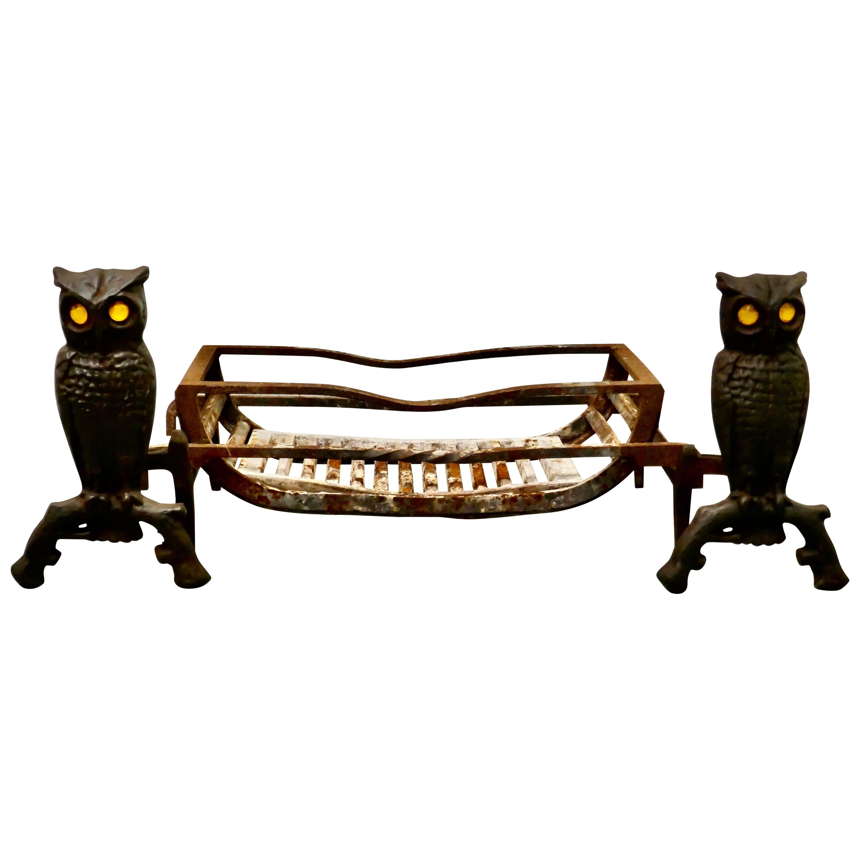 Quirky Model Owl Iron Andirons with Grate For Sale