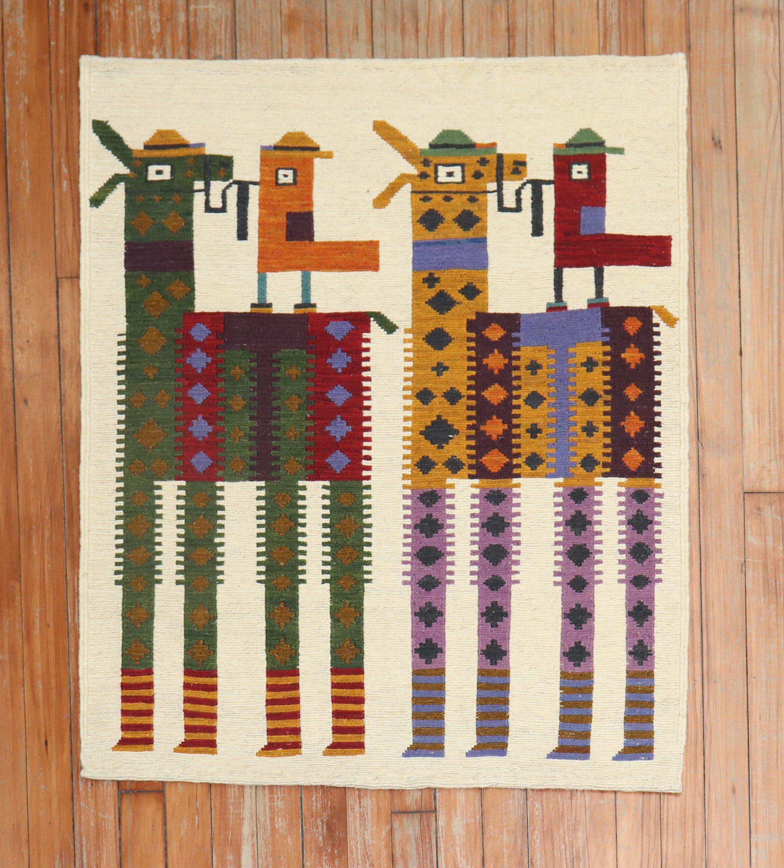 Scatter square size Persian Kilim from the late 20th century with 2 colorful baby giraffes and birds on a beige field.

Measures: 2'7'' x 3'.

This was originally belonging to a private Persian collector who requested to make a custom collection