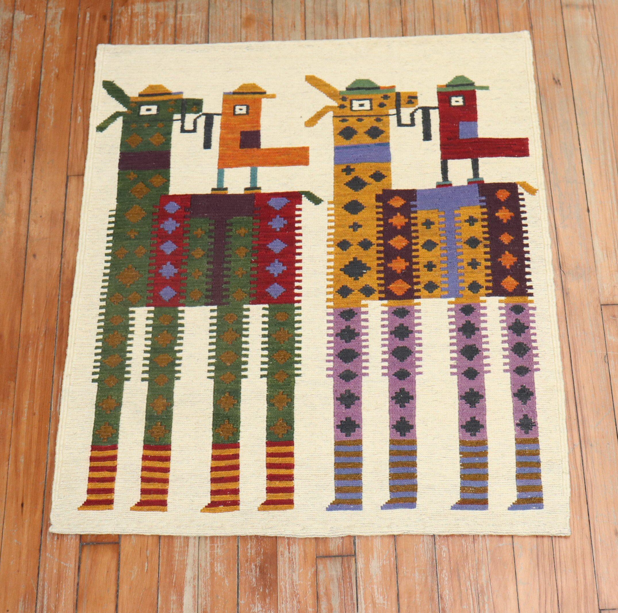 Folk Art Quirky Persian Animal Kilim Wall Hanging