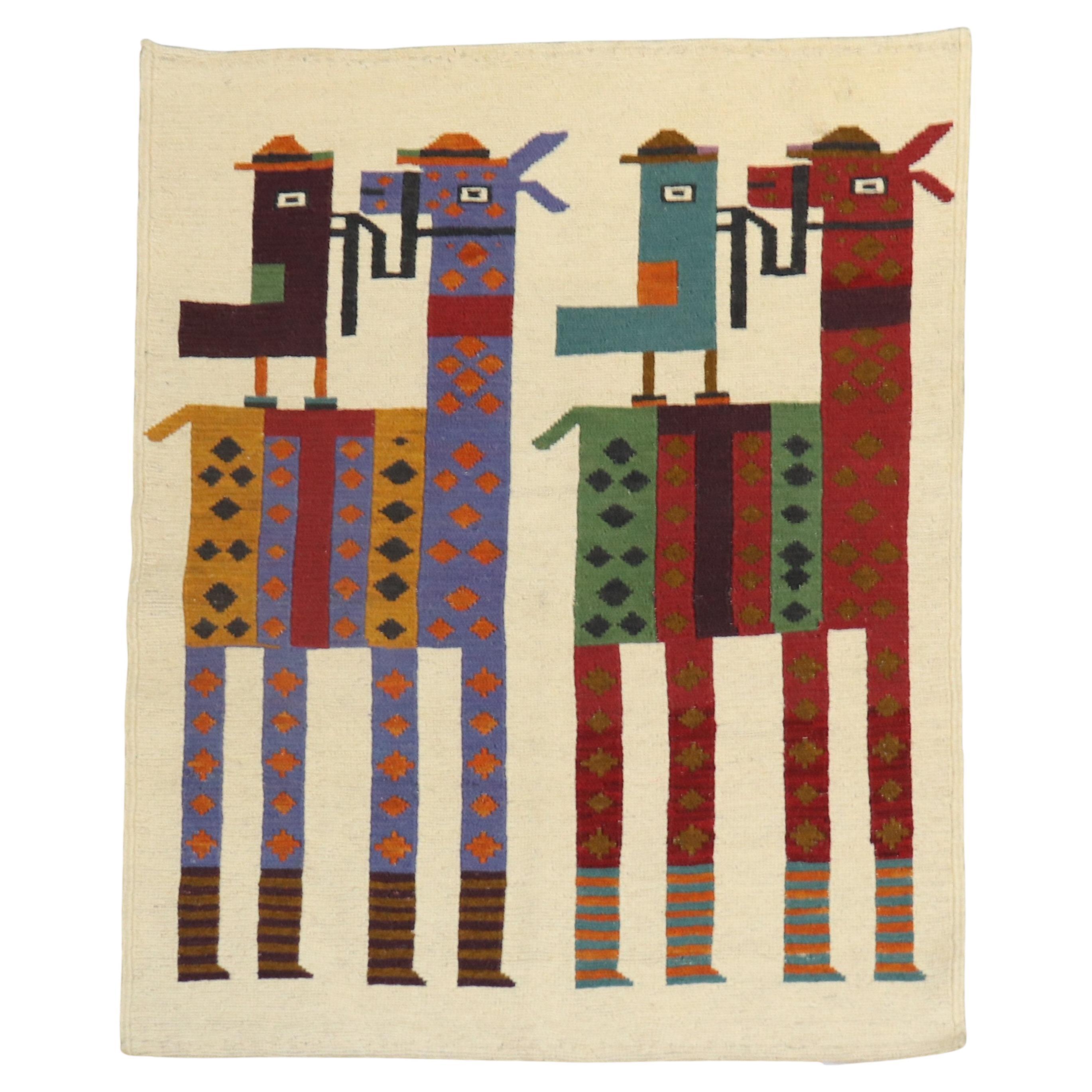 Quirky Persian Animal Kilim Wall Hanging For Sale