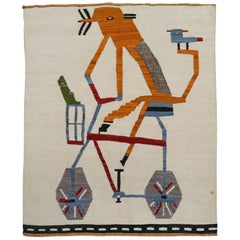 Quirky Pigeons on Bicycle Vintage Persian Flat-Weave