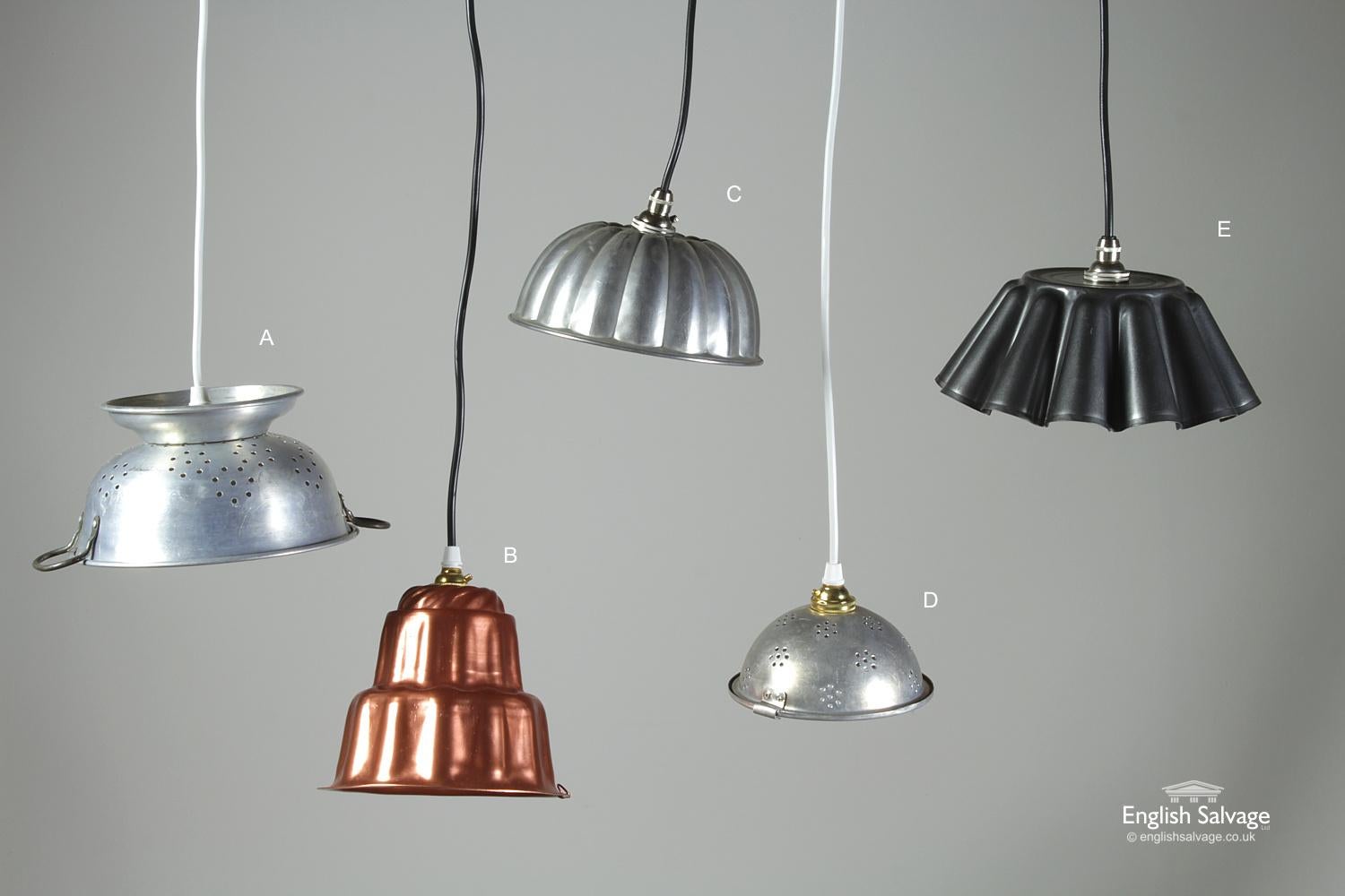 Great selection of pendant lights all made from vintage / repurposed kitchen items / utensils. Grouped together or singly, these would make a fabulous lighting display in the home, restaurant, bar or pub. All appear to have been newly wired (not