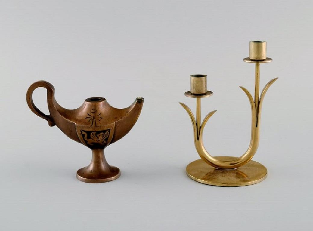 Scandinavian Modern Quistgaard, Gusum, Ystad Metall Et Al, Oil Lamp and Four Candlesticks in Brass For Sale
