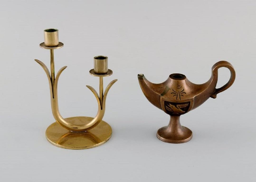 Swedish Quistgaard, Gusum, Ystad Metall Et Al, Oil Lamp and Four Candlesticks in Brass For Sale