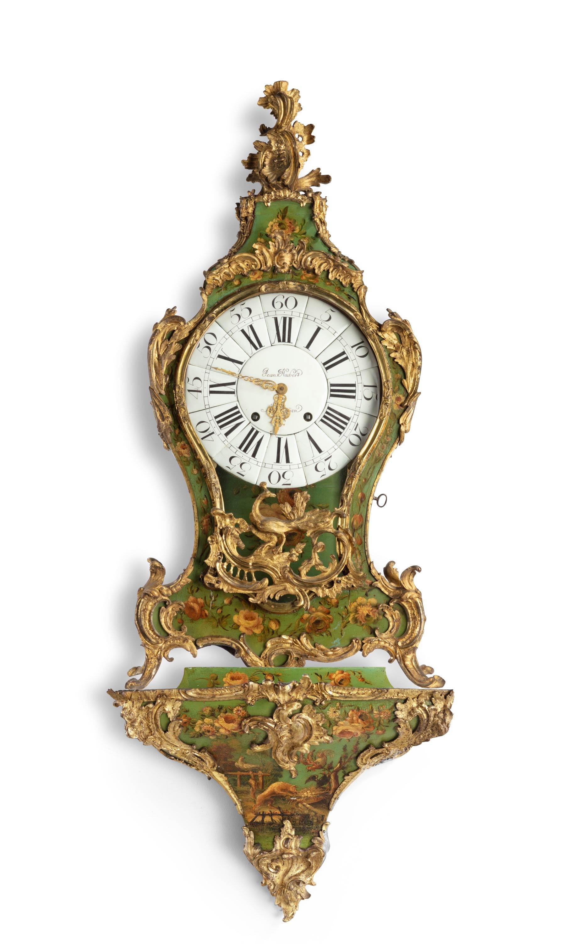 A quite exceptional 18th century French, green Vernis-Martin cartel clock. Retaining its original bracket.The face with the name Jean Hubert, Rouen. Retaining entirely the original gilding and decoration. 
c. 1750
    