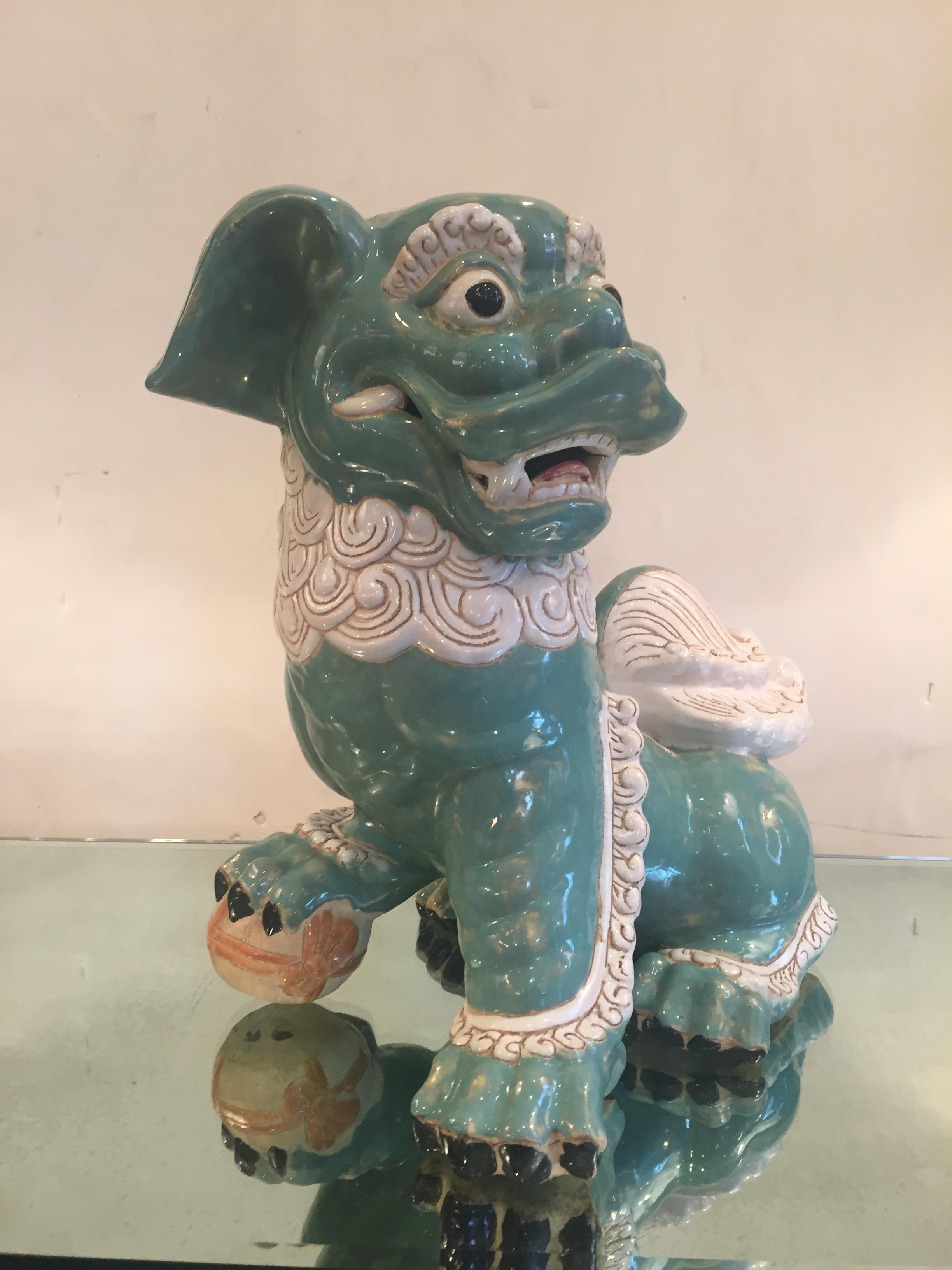 Quite Large Impressive Pair of Soft Turquoise and Cream Ceramic Foo Dogs 2